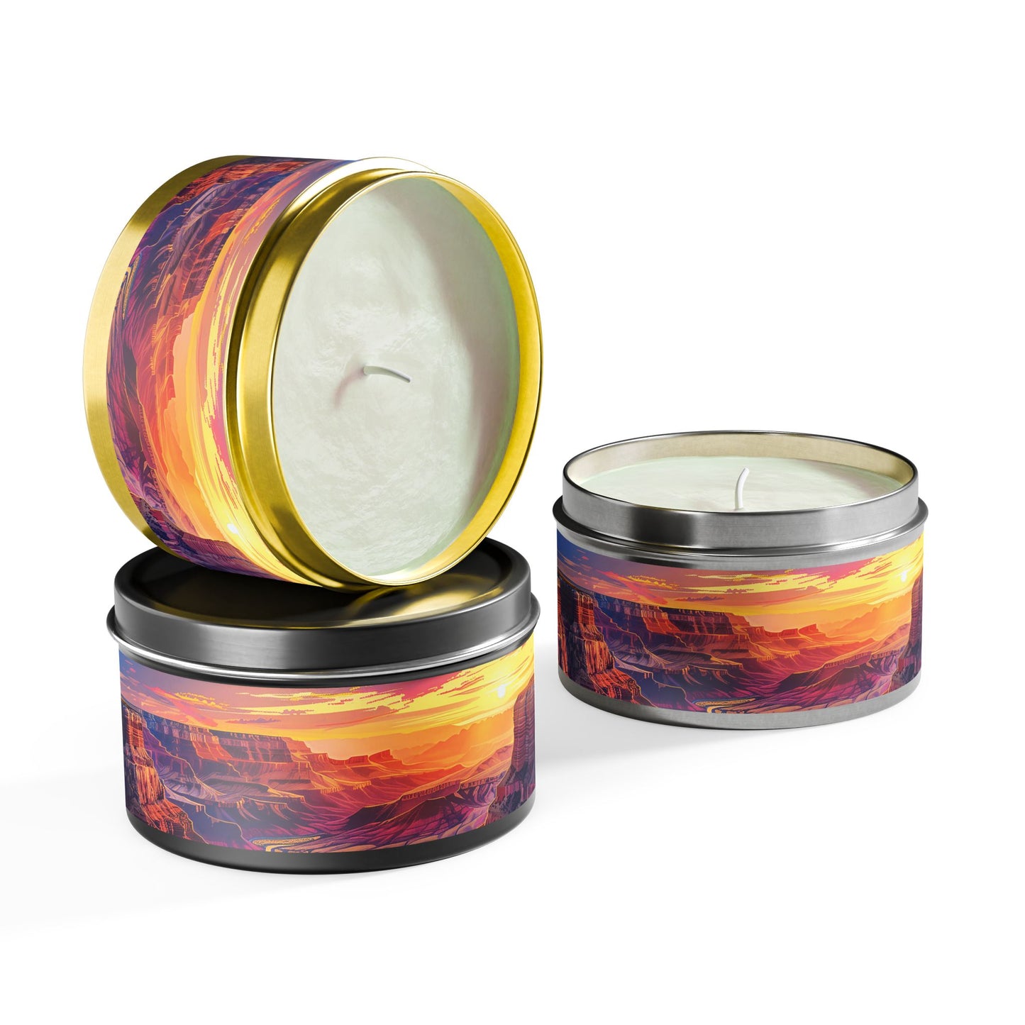 Golden Grand Canyon Glow Tin Candle. Embrace Nature's Serenity - Where the Sunset Meets Serenity. Available in 2 sizes, 3 finishes, and 3 scents.