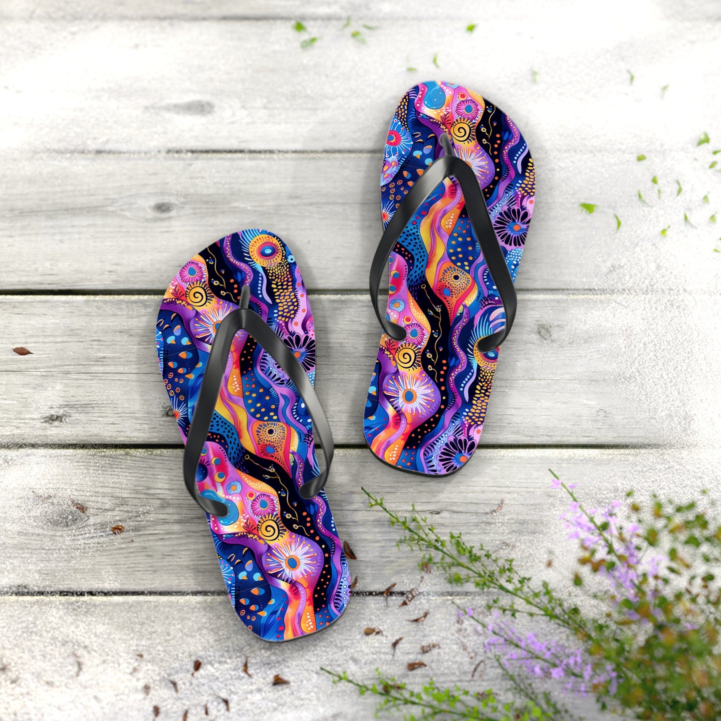 Purple Craziness Flip Flops. 5/8" Thick Comfortable Summer or Winter Gym/Sauna Footwear for Men and Women.