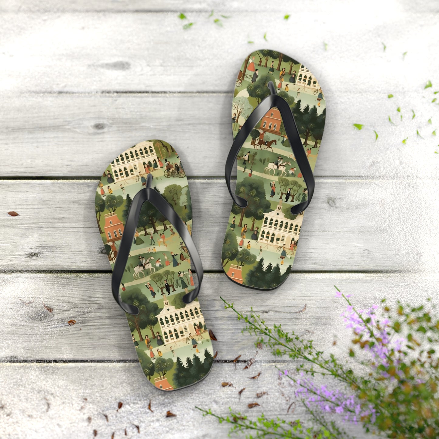 American 18th Century Town Tapestry Flip Flops. 5/8" Thick Comfortable Summer or Winter Gym/Sauna Footwear for Men and Women.