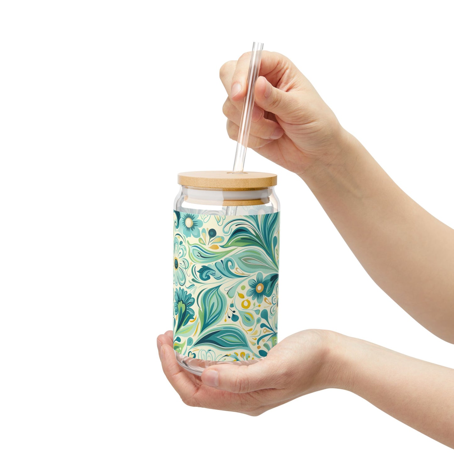 Whimsical Teal Floral Garden Sipper Glass Tumbler - 16 oz - Sip in Nature's Enchanting Hues!