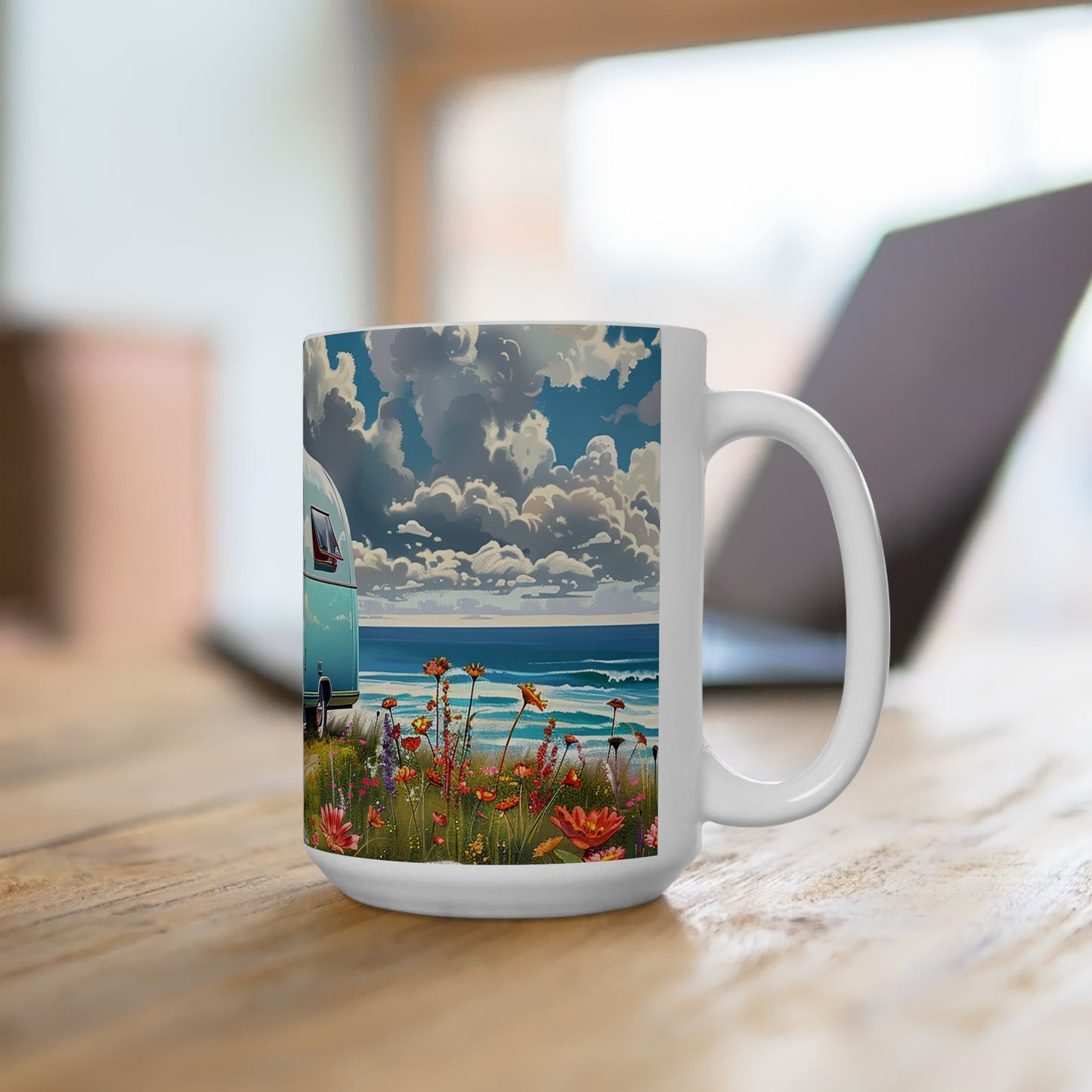 Retro Beach Bliss Ceramic Mug - 15 oz. - Sip into Retro Beachside Vibes!