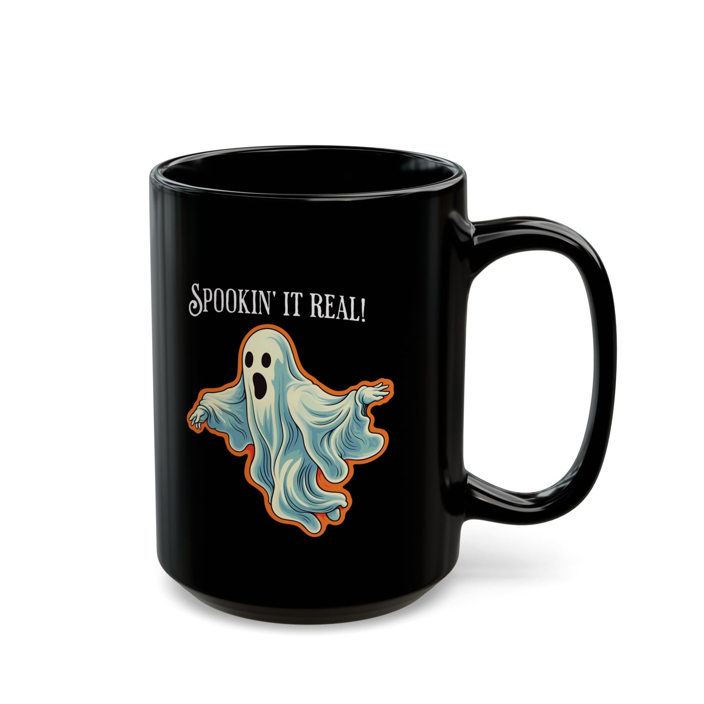 Spookin it' Real Chic Retro Ghost Halloween Black Mug - 11oz, 15oz - Start Your Day with a Ghostly Good Brew!