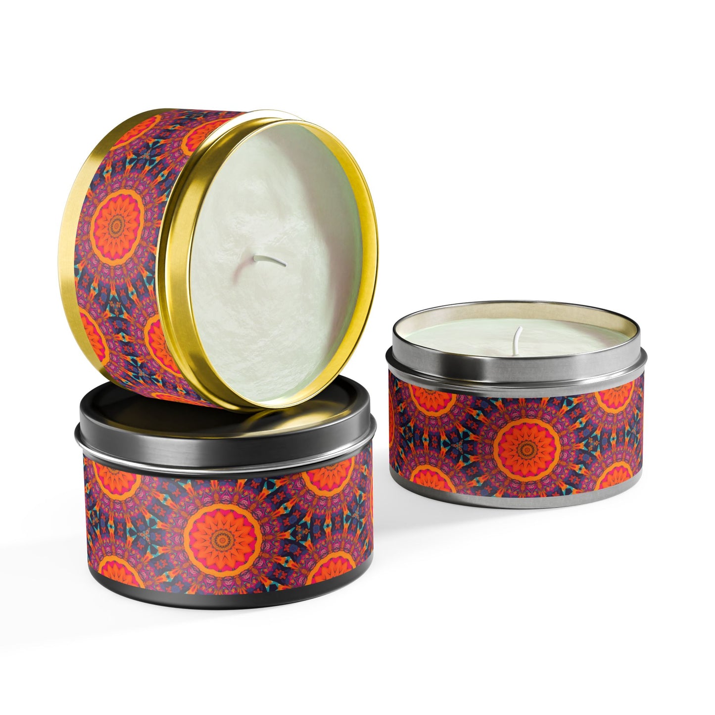 Fiery Mosaic Tin Candle. Light Up Your Space with Colorful Charm! Available in 2 sizes, 3 finishes, and 5 scents.