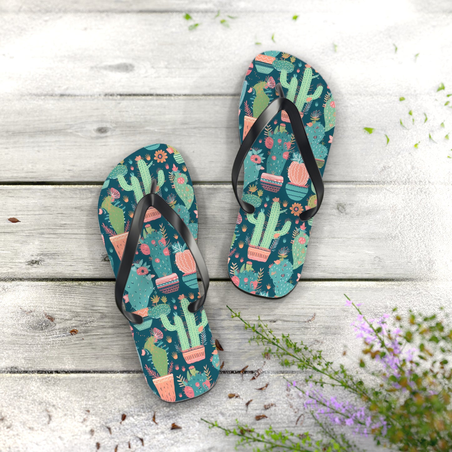 Cactus Cacophany Flip Flops. 5/8" Thick Comfortable Summer or Winter Gym/Sauna Footwear for Men and Women. Bring Fun Cactus-inspired Artwork into Your Life!