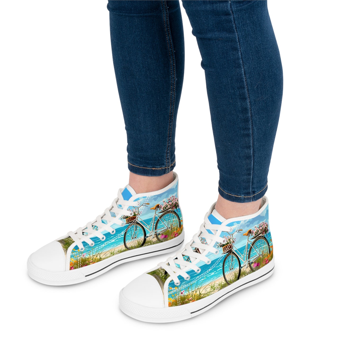 Daisy Beach Rider Ladies' High Top Sneakers - Pedal Through Paradise – The Perfect Blend of Sunshine, Daisies, and Style!