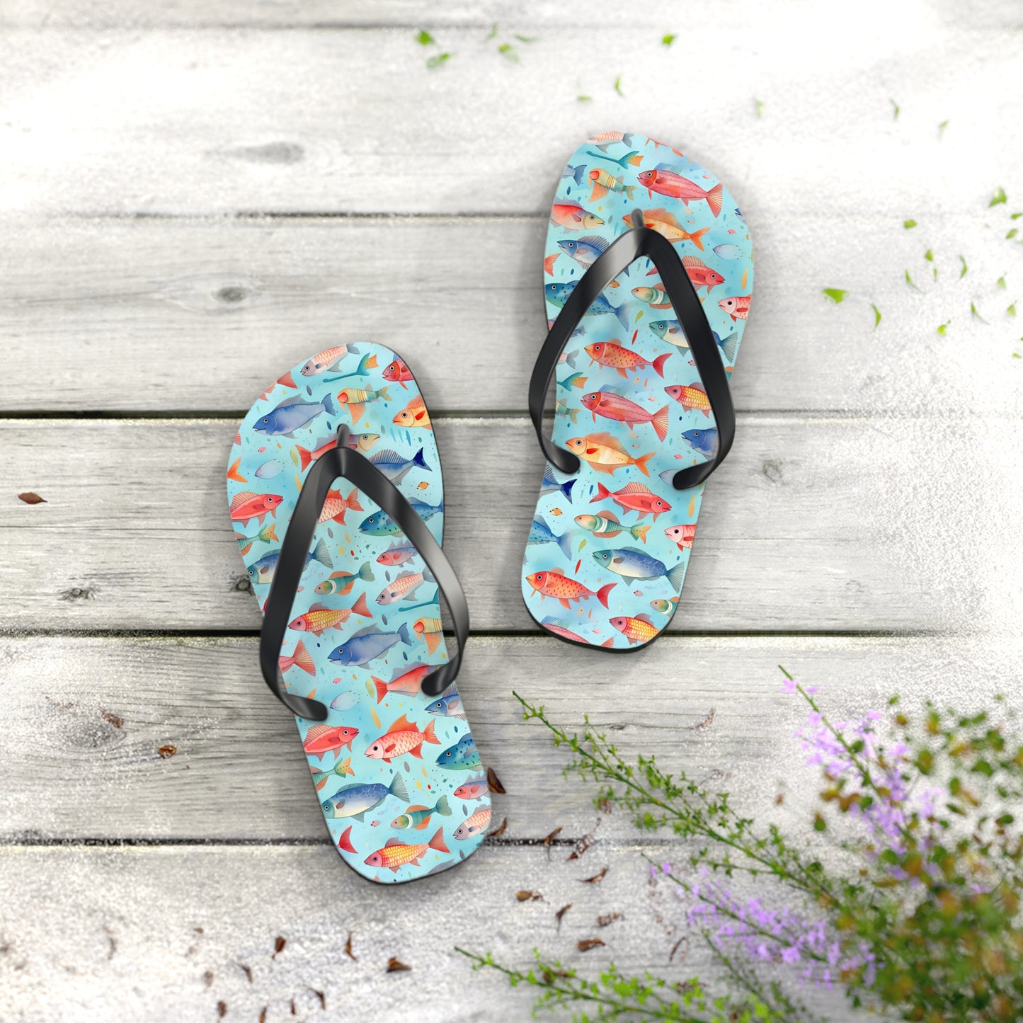Happy Swimming Fish Flip Flops. 5/8" Thick Comfortable Summer or Winter Gym/Sauna Footwear for Men and Women.