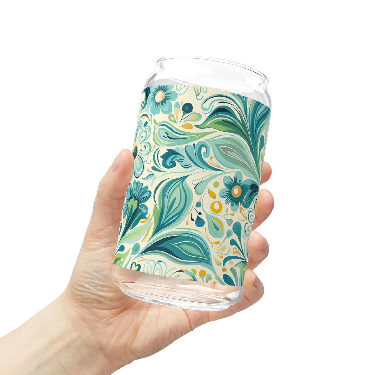 Whimsical Teal Floral Garden Sipper Glass Tumbler - 16 oz - Sip in Nature's Enchanting Hues!