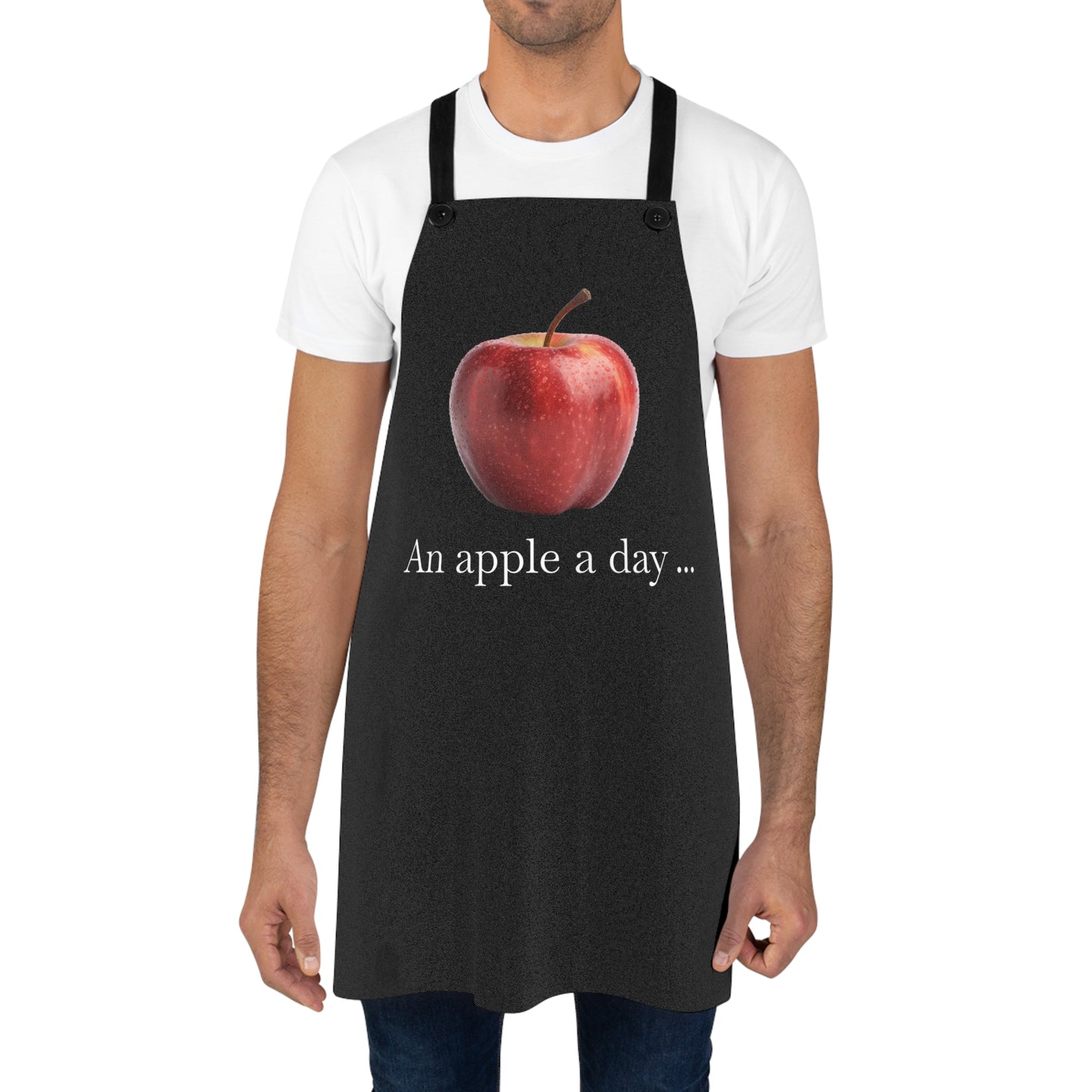 An Apple a Day ... Adult Apron, Chic Modern Design, Fun Kitchen Accessory Gift for Cooks BBQ Baking Grilling, Photorealistic Apple, Black Apron