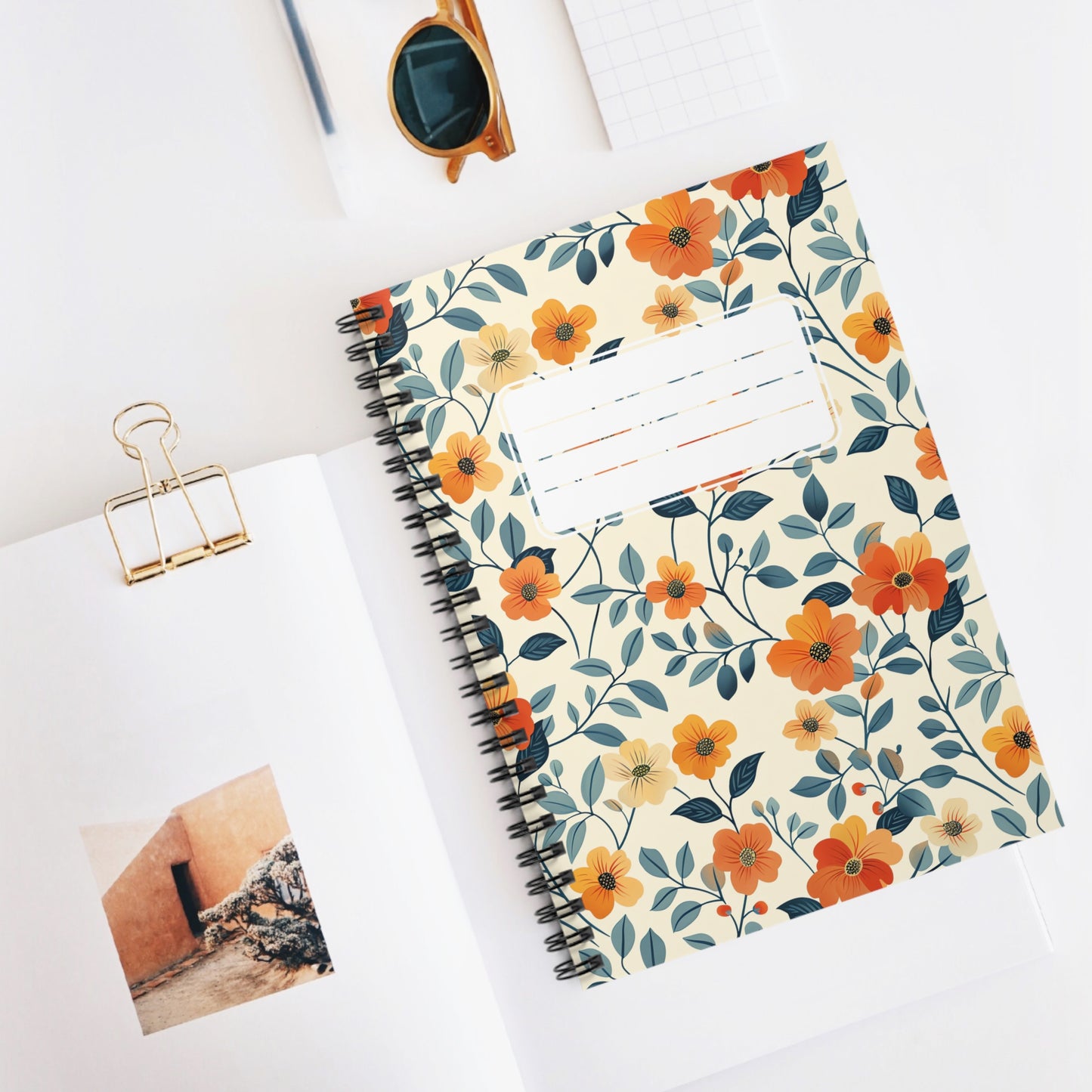 Autumn Bliss Midcentury Floral Chic Spiral Notebook - Ruled Line - Embrace Nostalgic Warmth – Autumn Bliss in Every Page!