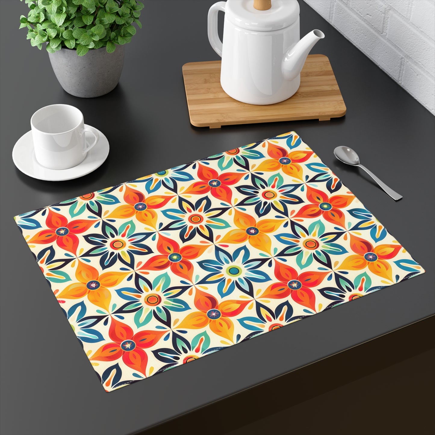 Mediterranean Tile Blossom Placemat - Bring Mediterranean Charm to Your Table! Cotton Twill - 18" x 14"