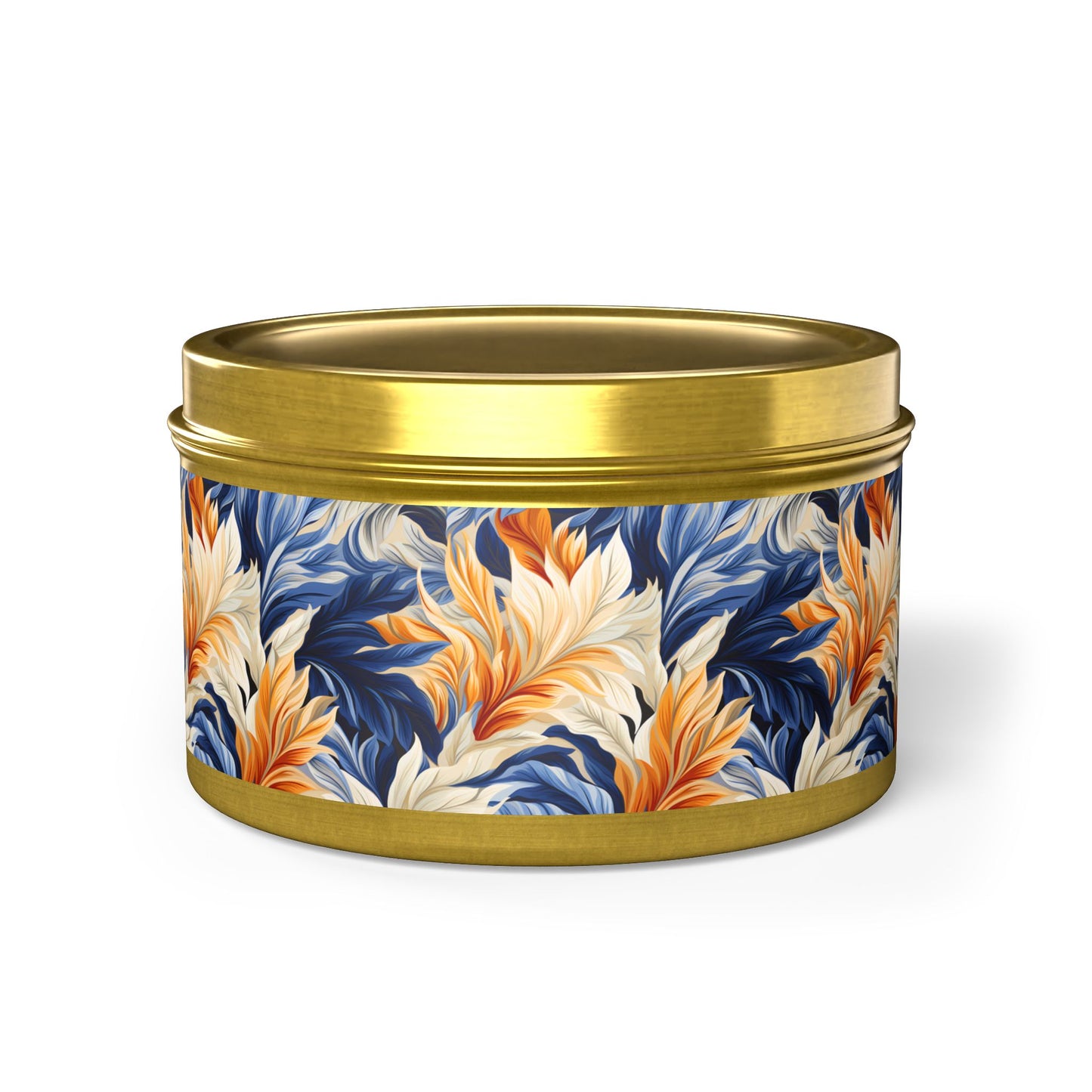 Feathered Fresco Fusion Tin Candle. A Touch of Feathered Grace in Every Flicker. Available in 2 sizes, 3 finishes, and 5 scents.