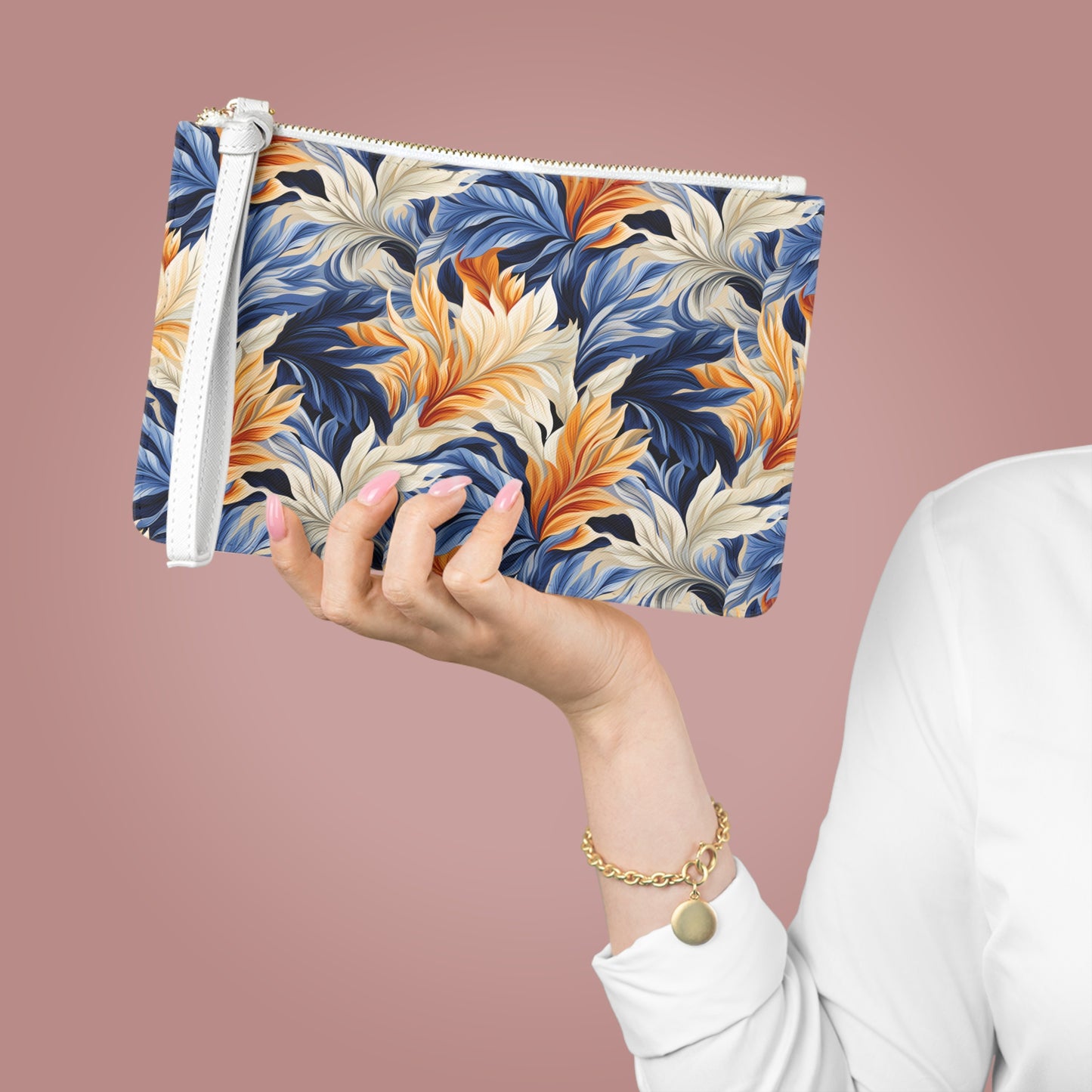 Feathered Fresco Fusion Women's Clutch Bag - PU Faux Leather - Saffiano Finish - Wrist Strap!