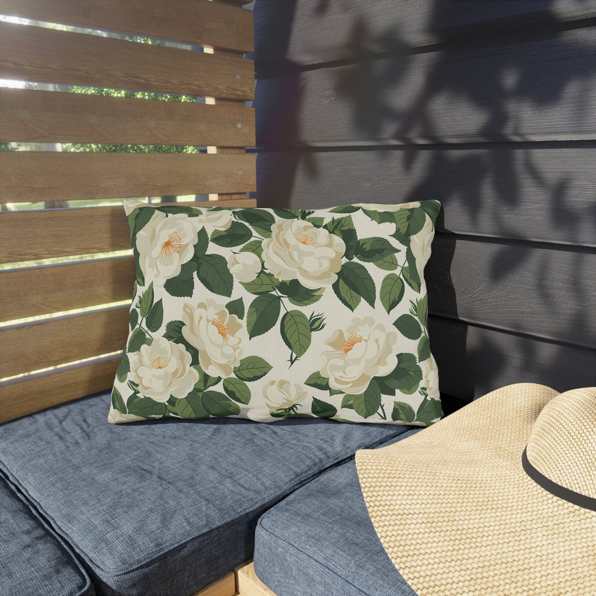 White Roses at Dawn Outdoor Lumbar Pillow - Spun Polyester - Double-Sided Print - UV-Resistant - Water-Resistant - Lumbar size: 20" x 14"