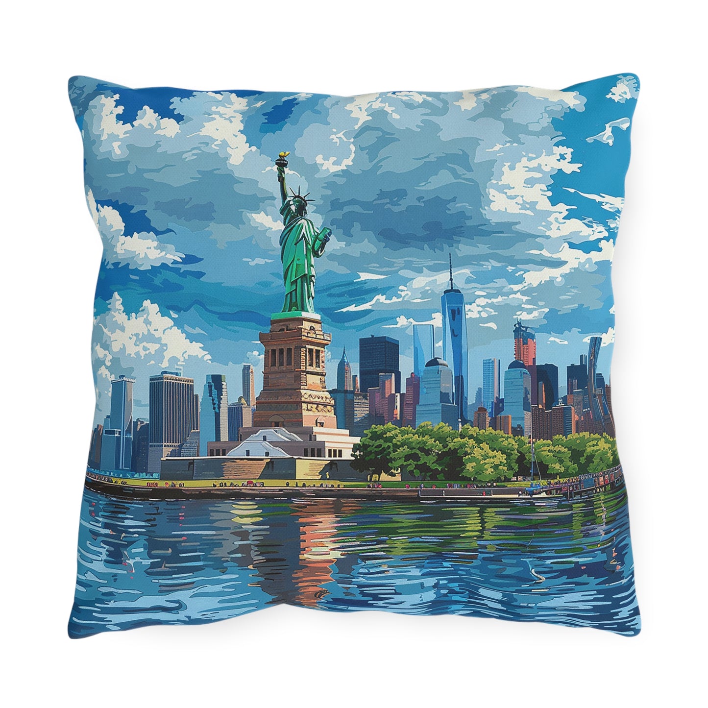 Statue of Liberty Square Outdoor Pillow - Spun Polyester - Double-Sided Print - UV-Resistant - Water Resistant - Available in 3 sizes.