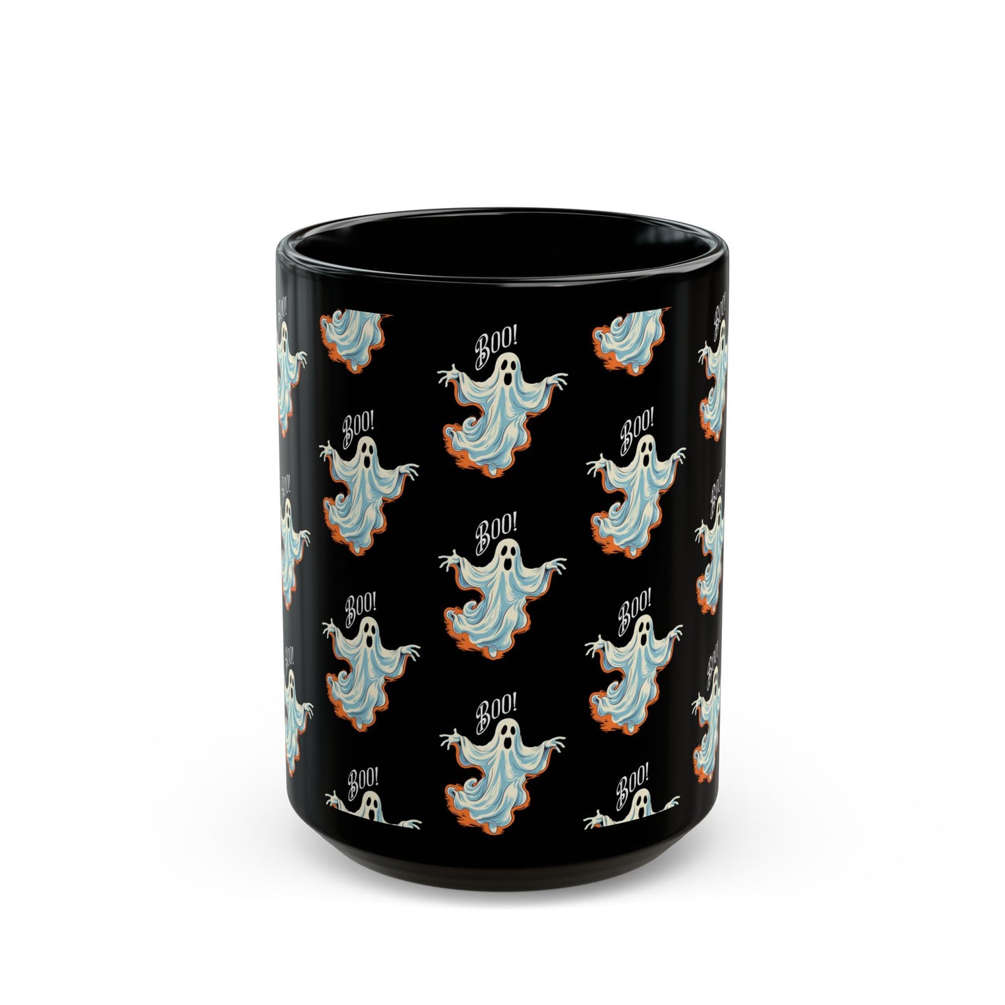 Boo! Chic Retro Ghost Halloween Black Mug - 11oz, 15oz - Sip in Spooky Style with a Retro Twist!