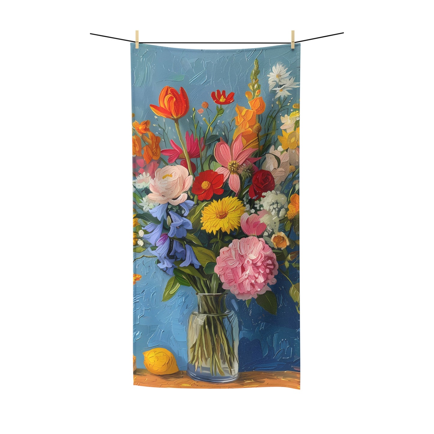 Bright Flowers & Blue Wall Polycotton Bath Towel - Wrap Yourself in a Vase of Flowers! Available in 2 sizes.