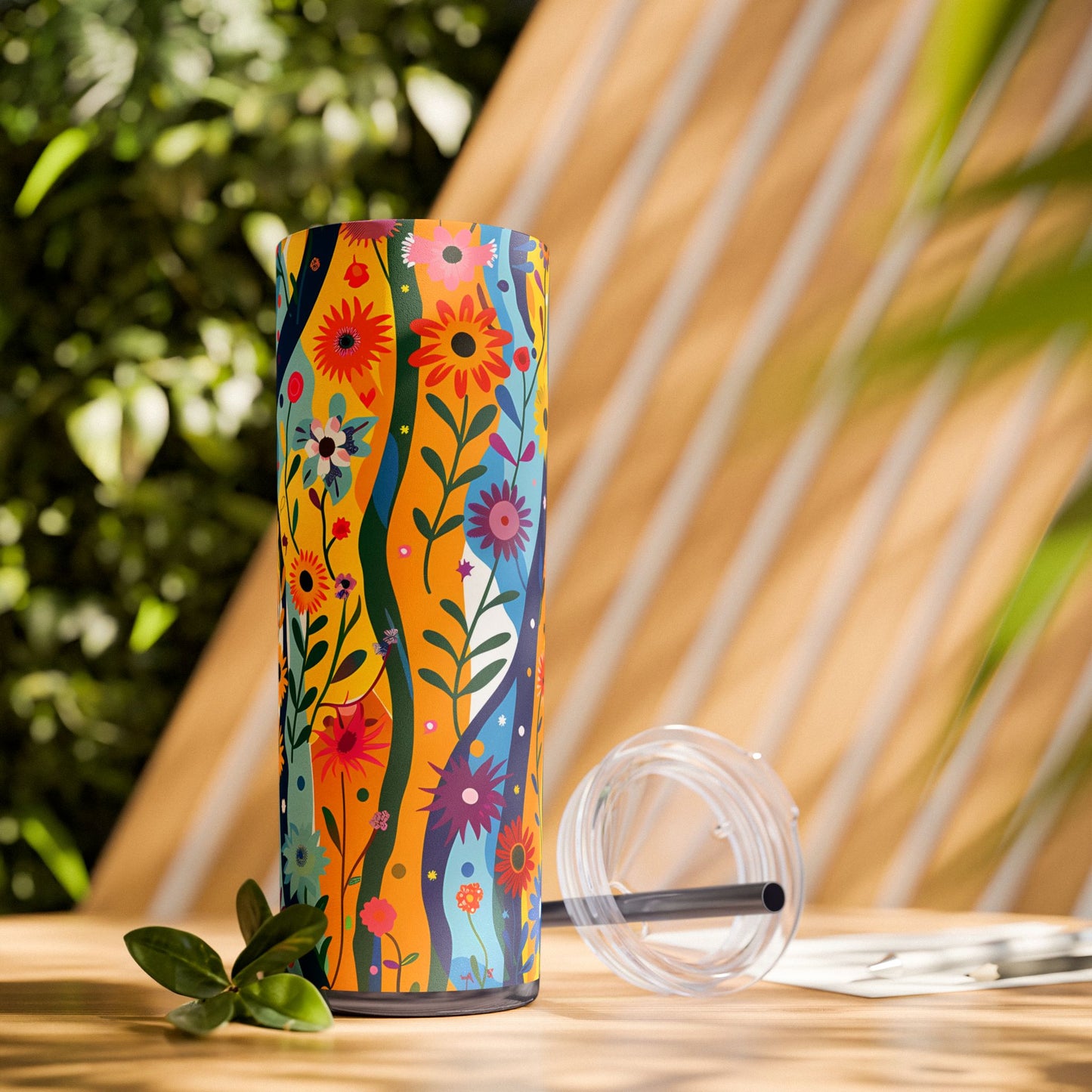 Floral Rhythms Skinny Tumbler with Straw - 20 oz. Insulated Stainless Steel - Add a Rhythm of Color to Your Sips!
