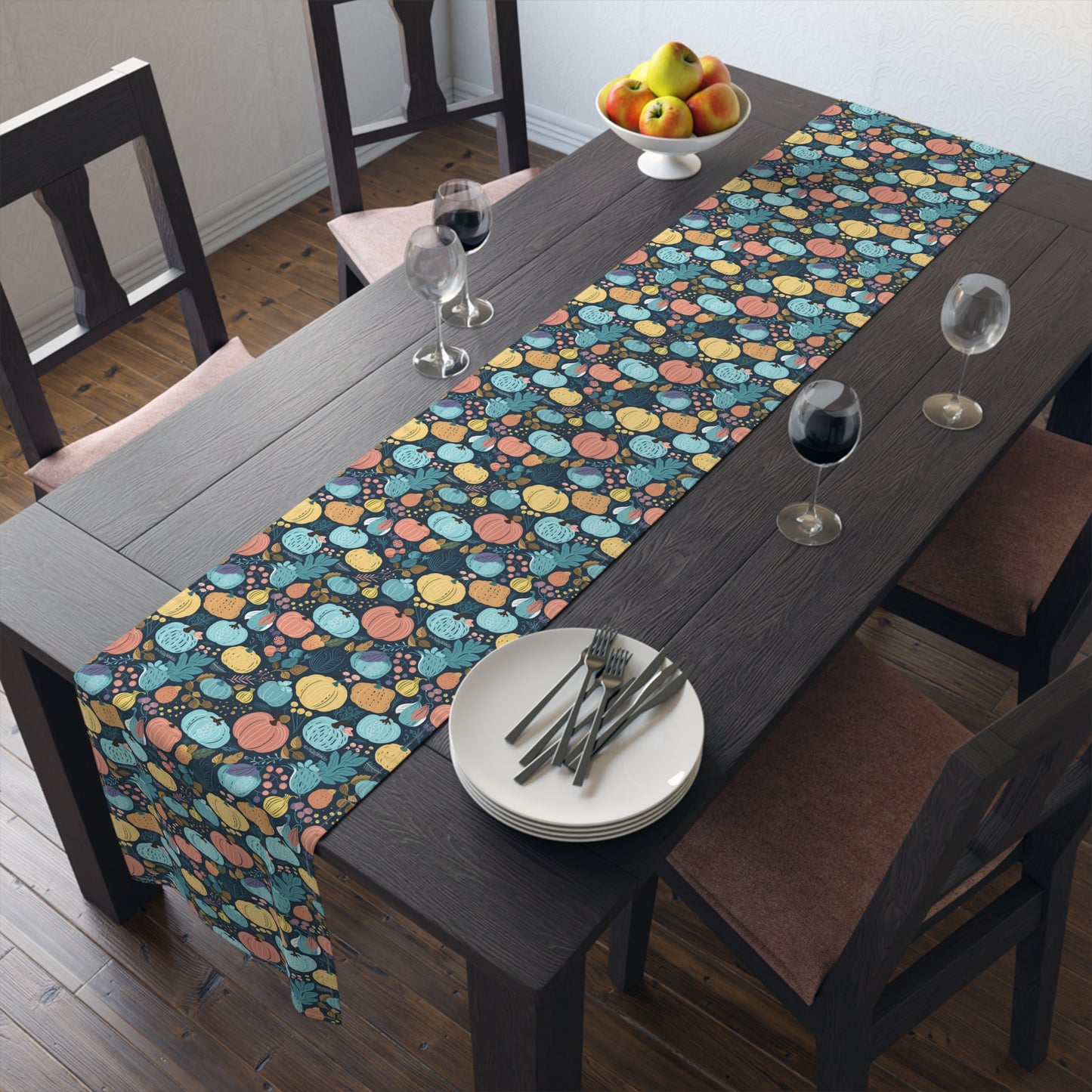 Fall Pumpkin Dance Table Runner - Cotton Twill - Available in 2 sizes: 16" x 72" and 16" x 90".