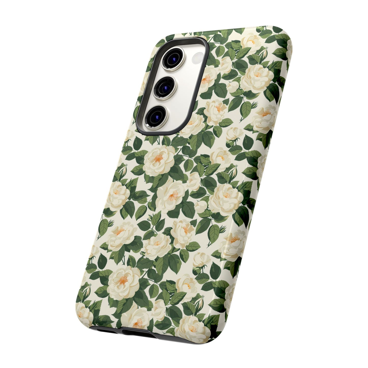 White Roses at Dawn Tough Phone Case for Apple iPhone, Samsung Galaxy, and Google Pixel.