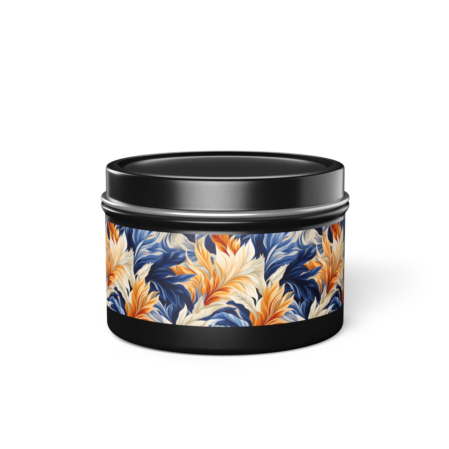 Feathered Fresco Fusion Tin Candle. A Touch of Feathered Grace in Every Flicker. Available in 2 sizes, 3 finishes, and 5 scents.