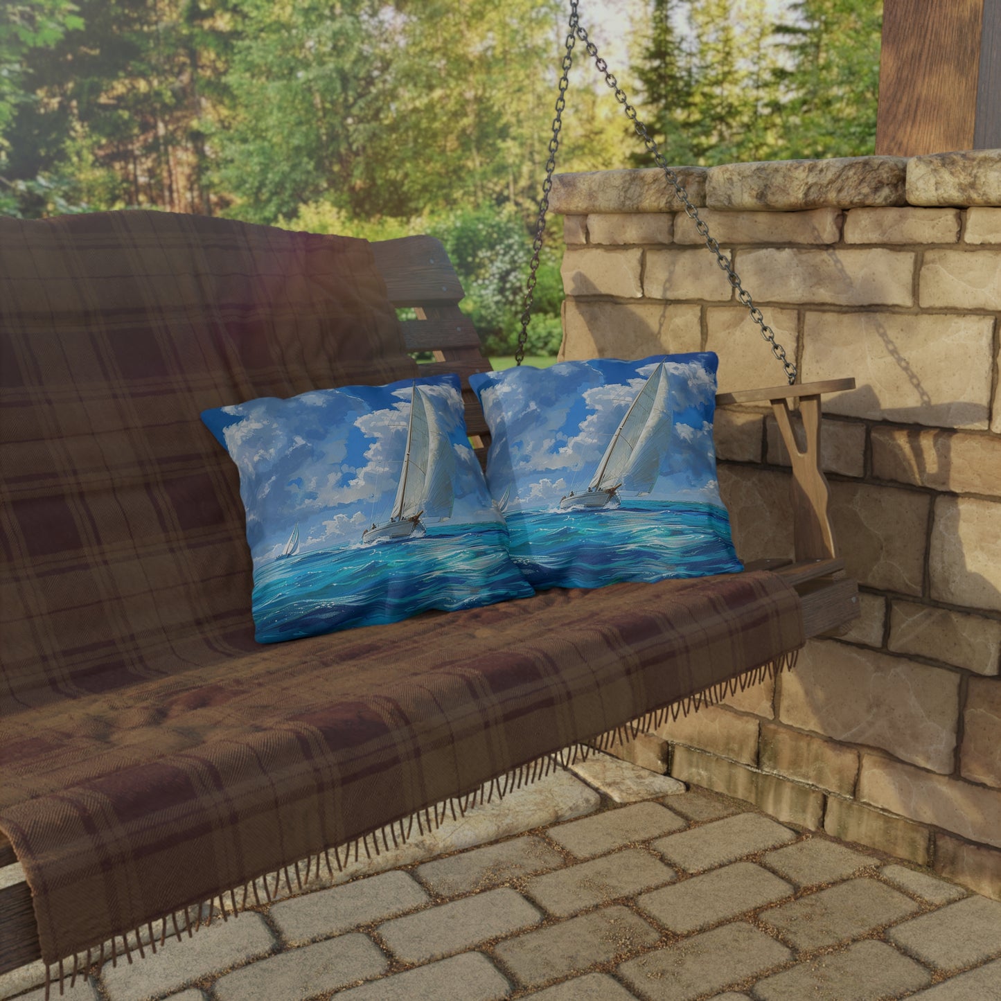 Ocean Breeze Sailing Square Outdoor Pillow - Spun Polyester - Double-Sided Print - UV-Resistant - Water-Resistant - Available in 3 sizes.