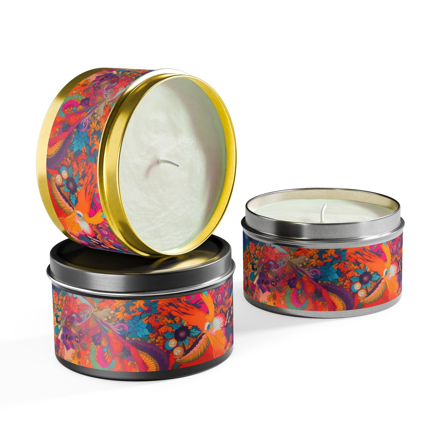 Kaleidoscopic Floral Dance Tin Candle. Illuminate Your Space with a Symphony of Colors. Available in 2 sizes, 3 finishes, and 5 scents.