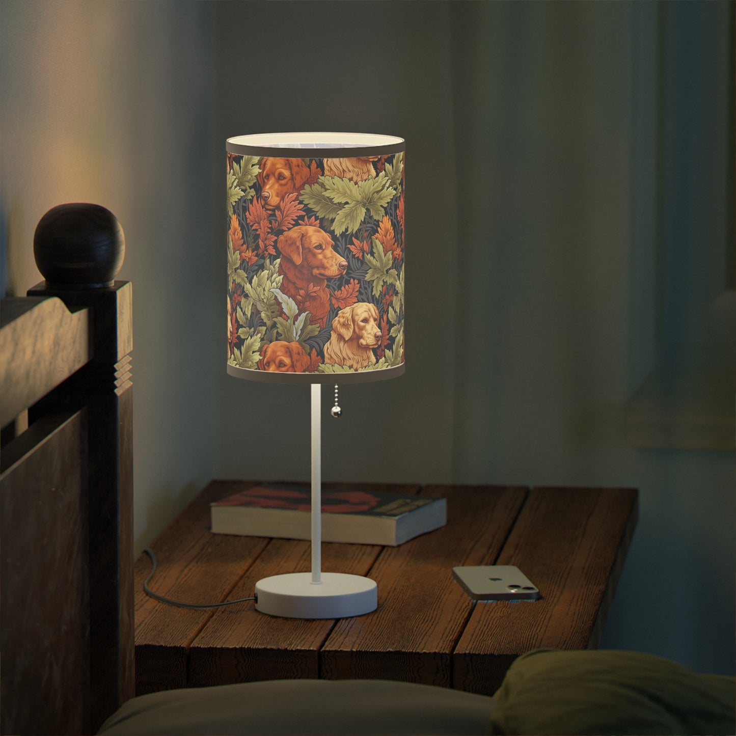 Classic English Dog Tapestry Modern Table Lamp, 20" Tall, Metal Stand, US|CA Plug, Available in 2 Finishes & Multiple Trim Colors