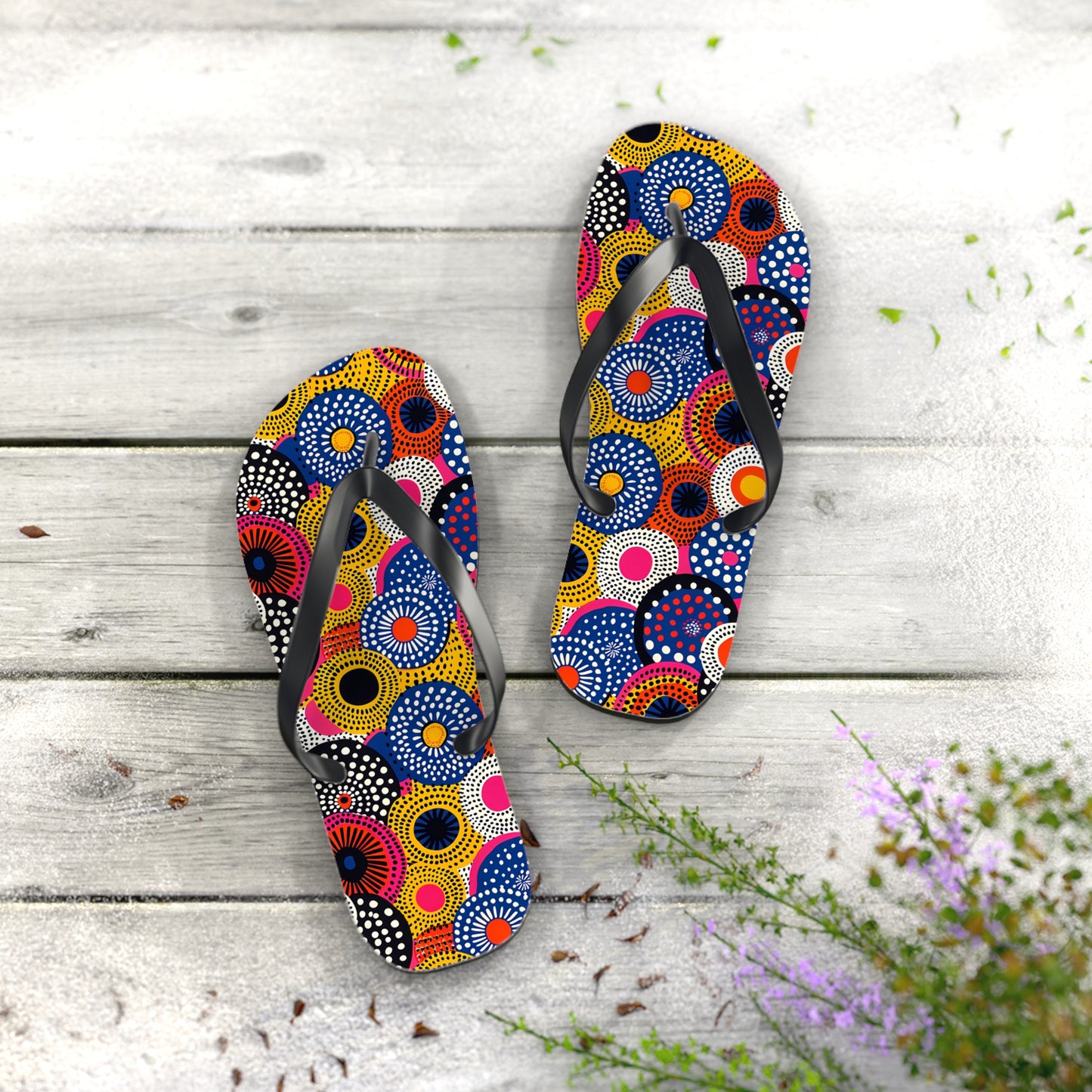 Ethnic Circle Pop Flip Flops. 5/8" Thick Comfortable Summer or Winter Gym/Sauna Footwear for Men and Women.