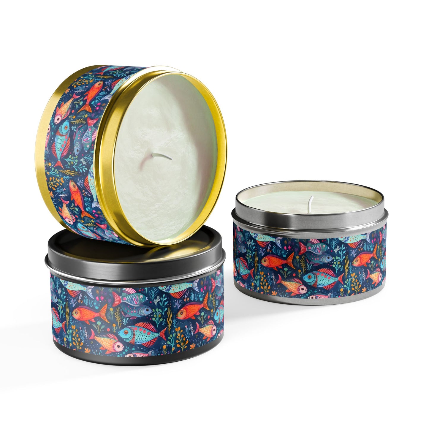 Fun Fish Tin Candle. Dive into a Sea of Scented Delight! Available in 2 sizes, 3 finishes, and 5 scents.
