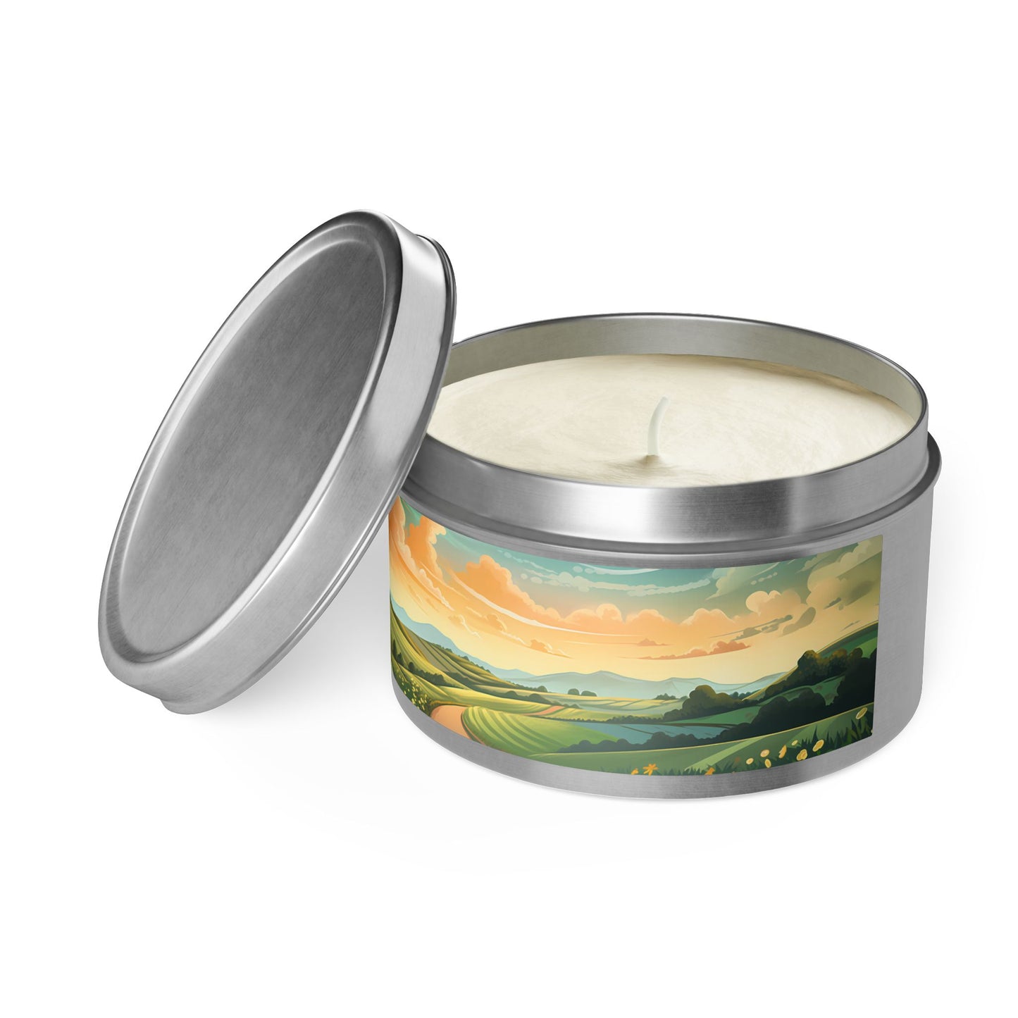 Bliss Road Scenic Aromatherapy Tin Candle. Journey to Tranquility, One Flame at a Time. Available in 2 sizes, 3 finishes, and 5 scents.