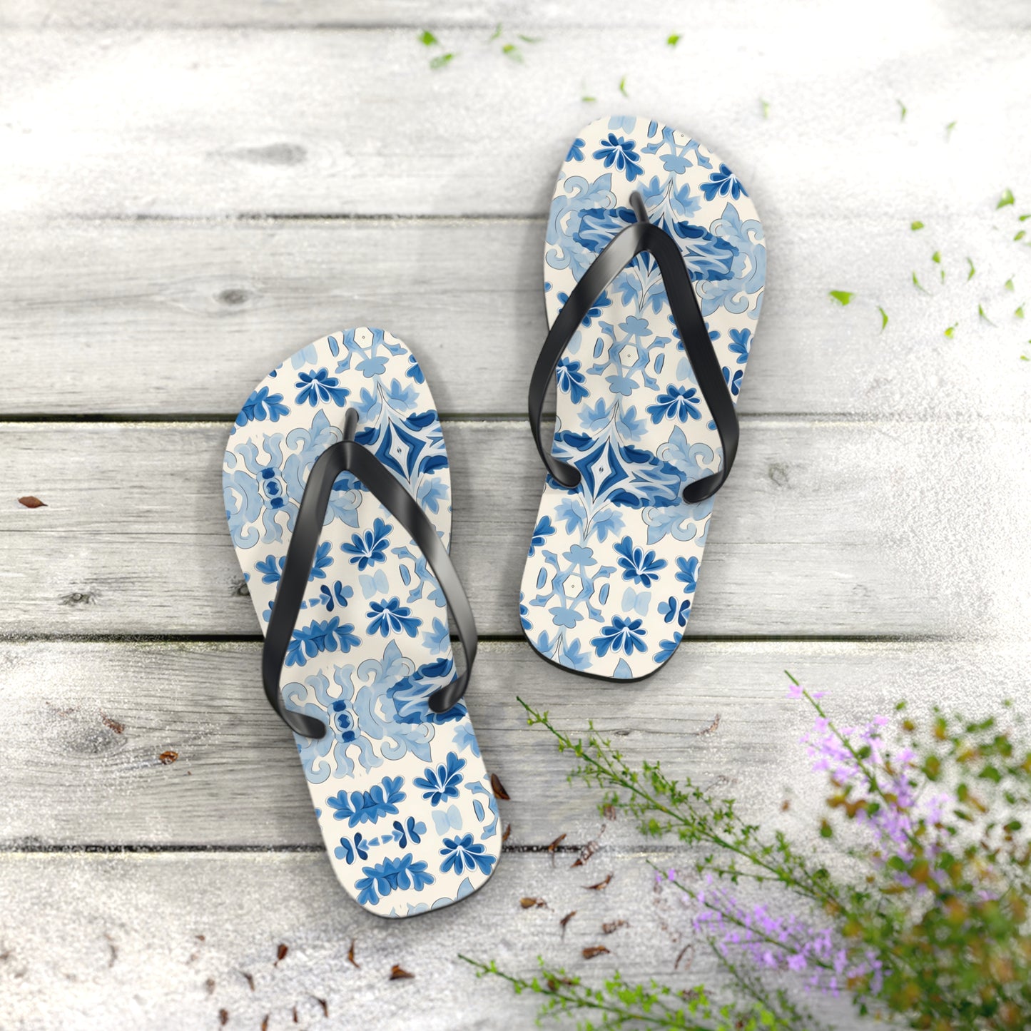 Blue Spanish Tile Flip Flops. 5/8" Thick Comfortable Summer or Winter Gym/Sauna Footwear for Men and Women.