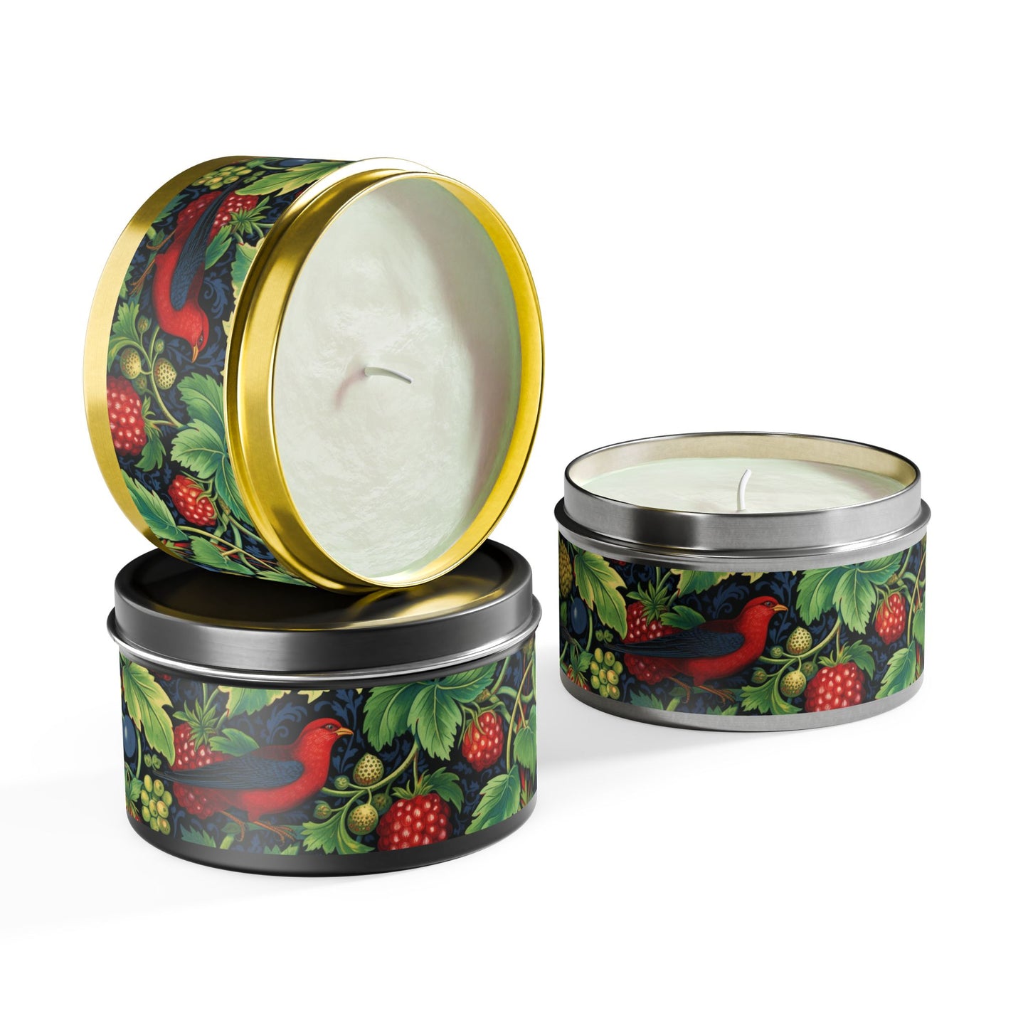 Bluebird & Strawberry Tin Candle. Whispers of Tradition - Where Nature Meets Artistry. Available in 2 sizes, 3 finishes, and 5 scents.