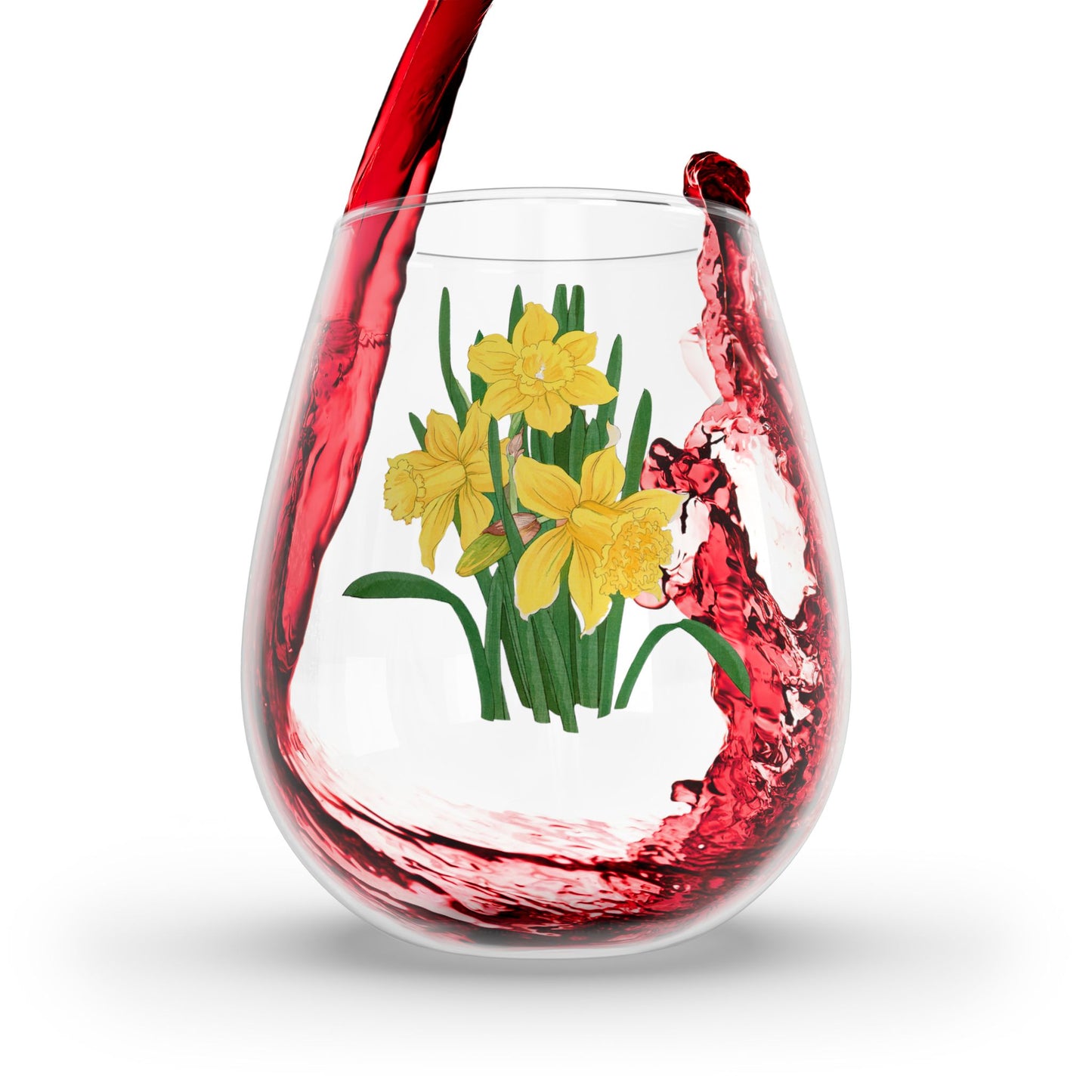 Vintage Daffodil Delight Stemless Wine Glass - 11.75 oz - Brighten Your Sip with Timeless Daffodil Elegance! From Our Vintage Spring Flowers Collection