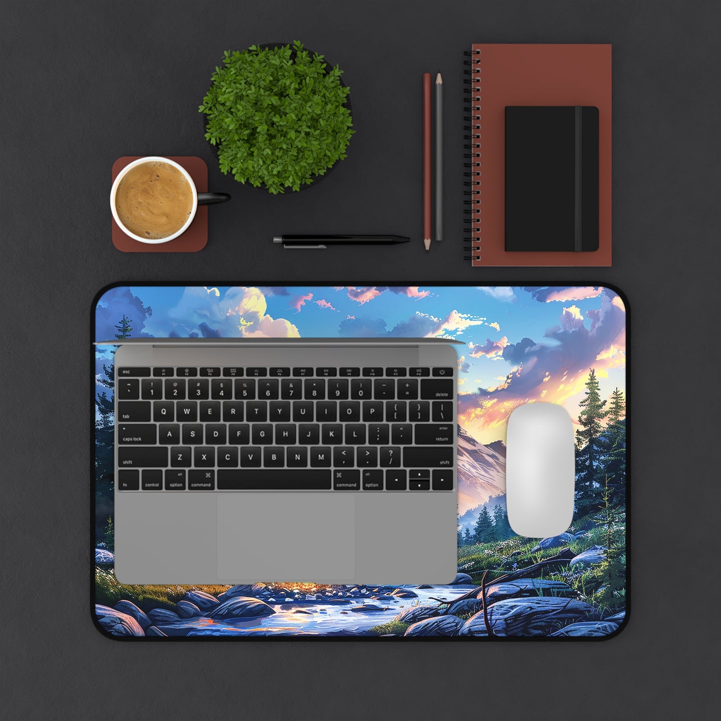 Mountain Creekside Campfire Desk Mat (Desk Pad) - Escape to the Mountains with Every Task! Available in 3 sizes.