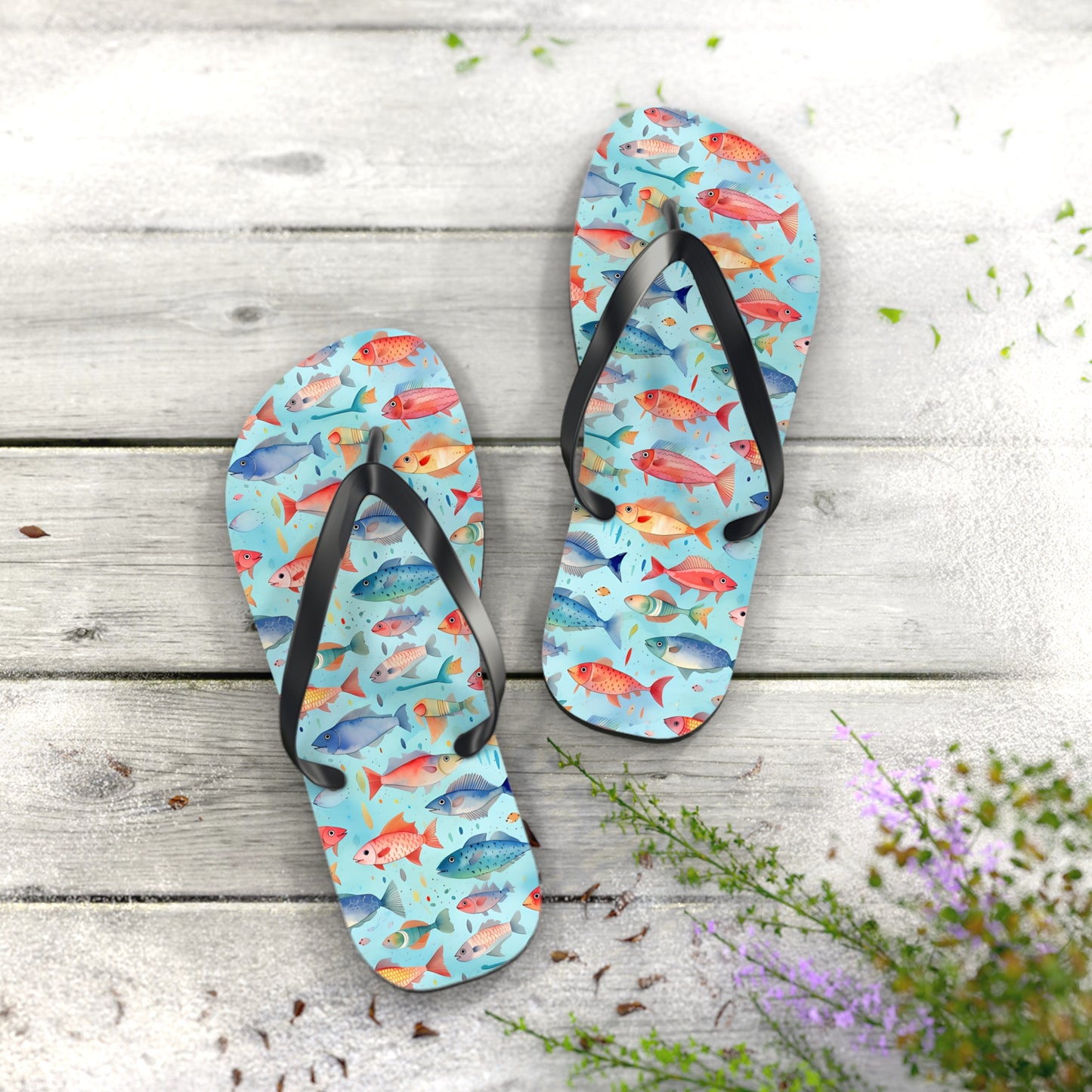 Happy Swimming Fish Flip Flops. 5/8" Thick Comfortable Summer or Winter Gym/Sauna Footwear for Men and Women.