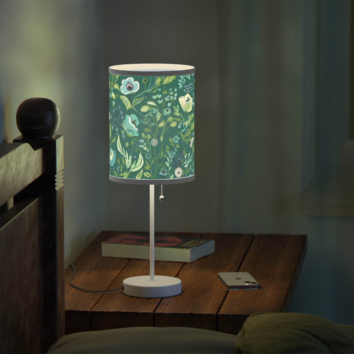 Serene Green Floral Modern Table Lamp. 20" Tall. Metal Stand, US|CA Plug, Available in 2 Finishes & Multiple Trim Colors