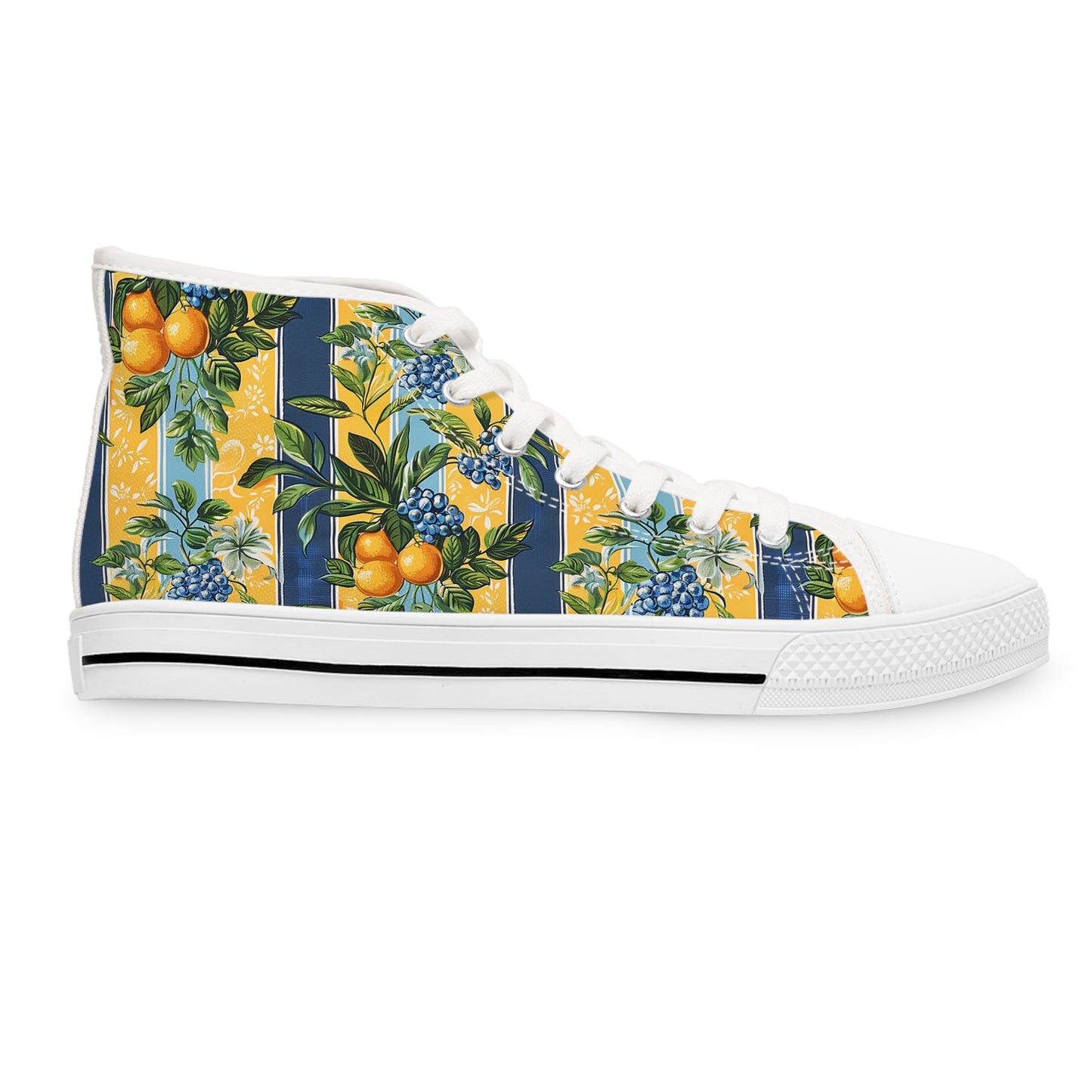 Sunny Orchard Stripes Ladies' High Top Sneakers - Step into Sunshine – Where Bold Stripes Meet Juicy Orchard Delights!
