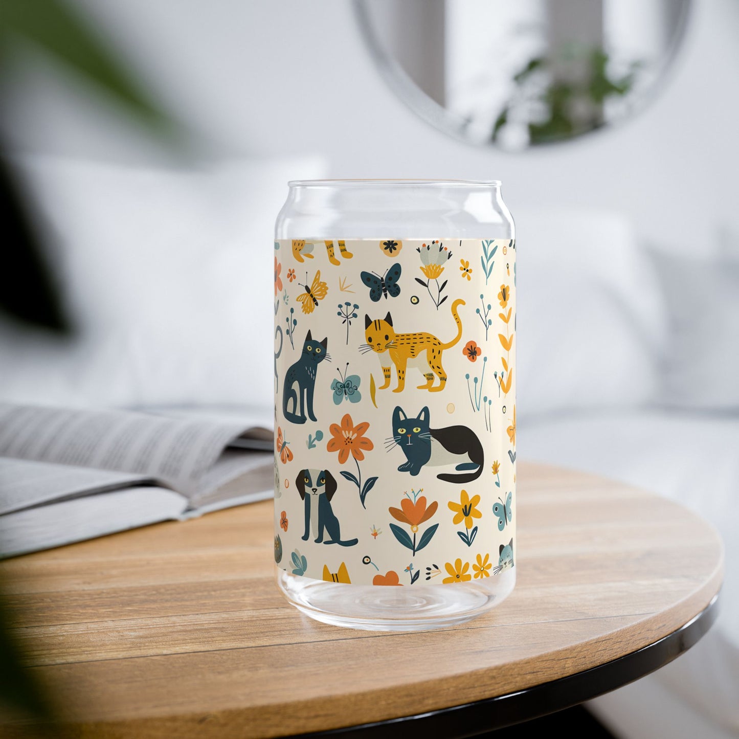 Cats & Dogs Sipper Glass Tumbler - 16 oz - Sip with Whiskers, Paws, and Playful Pals!