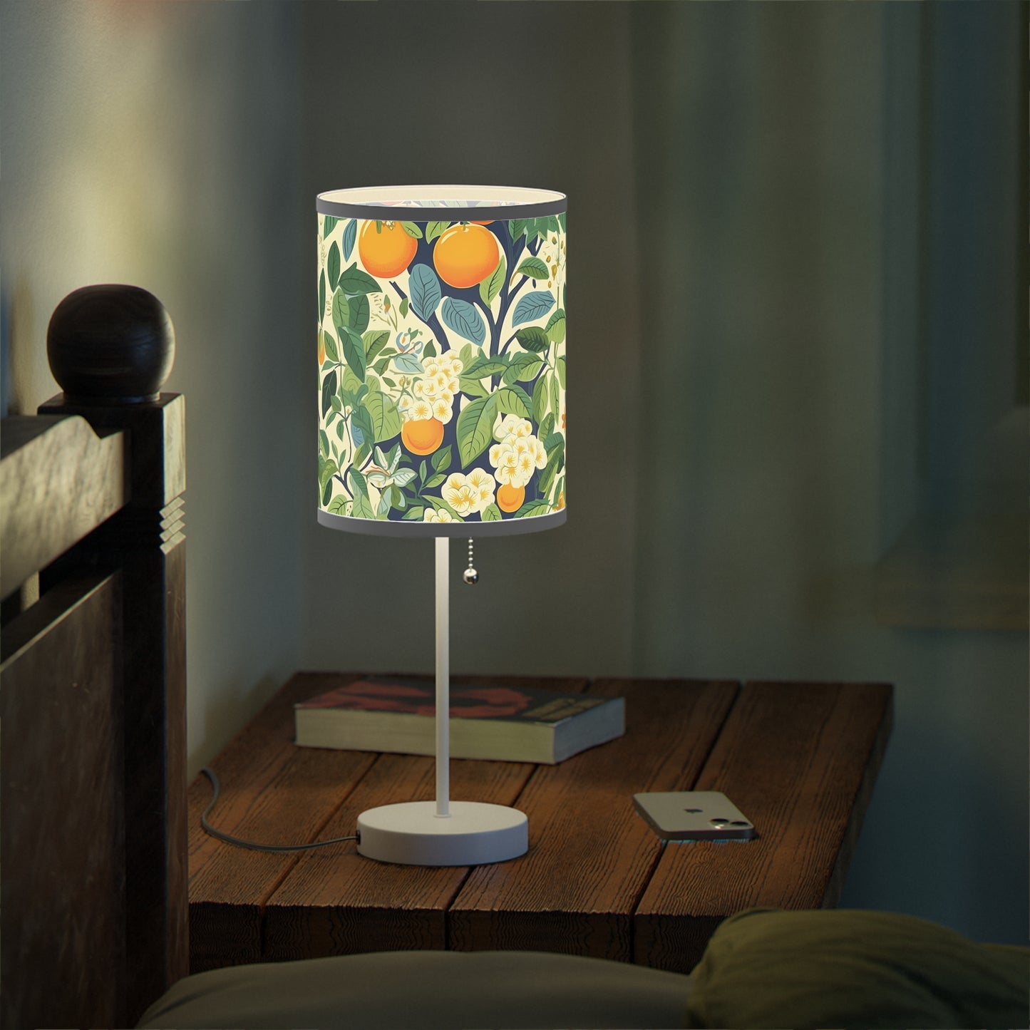 Happy Oranges & Blossoms Modern Table Lamp, 20" Tall, Metal Stand, US|CA Plug, Available in 2 Finishes & Multiple Trim Colors
