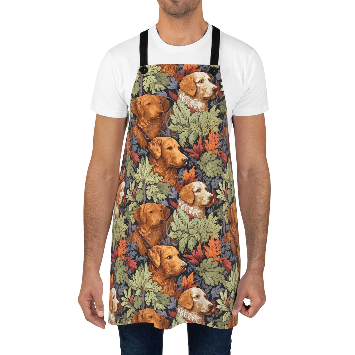 Classic English Dog Tapestry Adult Apron - Traditional Golden Retriever Pattern & Leaf Motif.