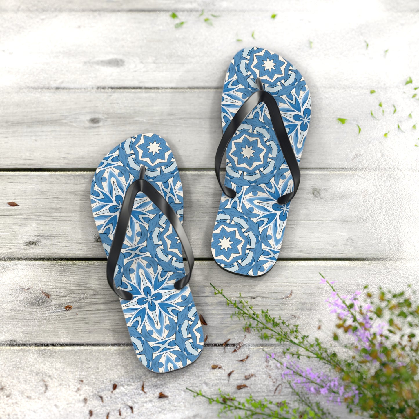 Delft Blue Star Tile Flip Flops. 5/8" Thick Comfortable Summer or Winter Gym/Sauna Footwear for Men or Women