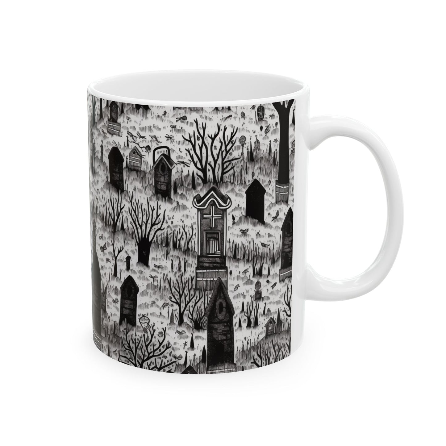 Spooky Gothic Cemetery Halloween Ceramic Mug - 11 oz. - White. Sip in Haunting Halloween Elegance! Boo!