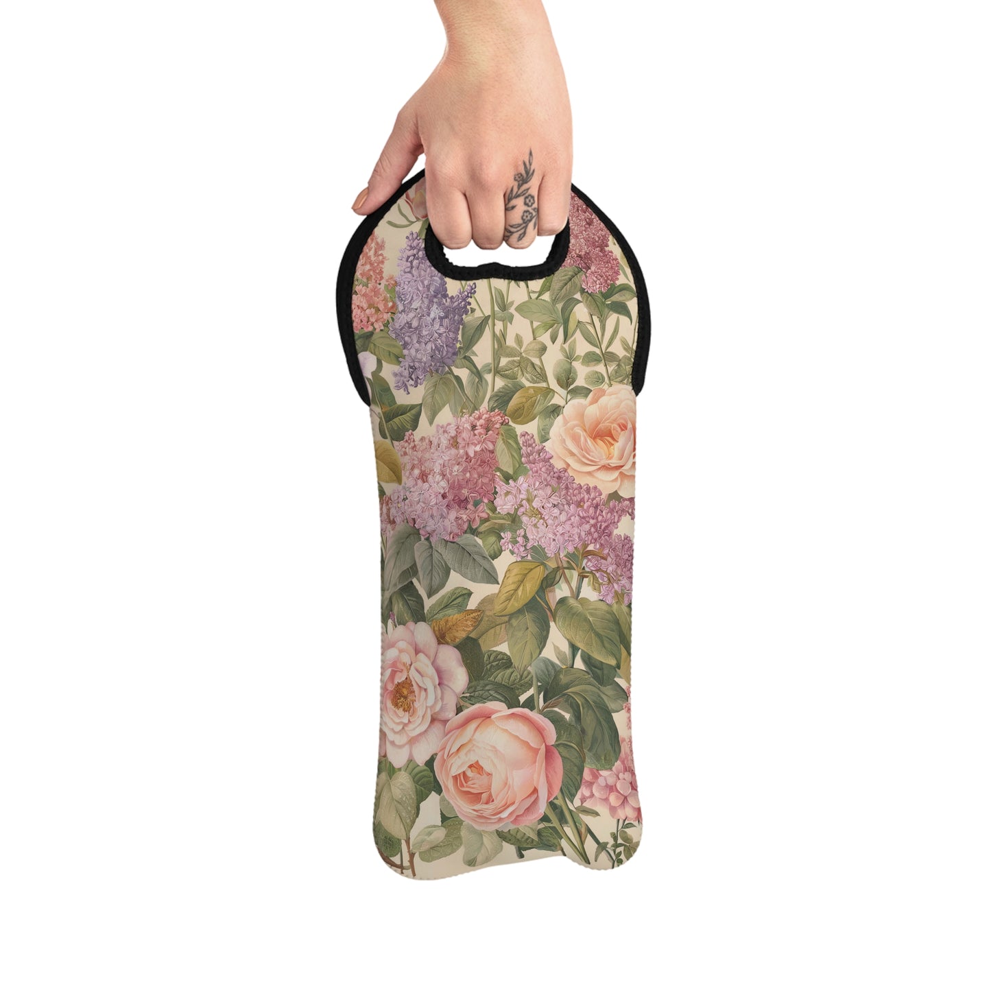 Lilac & Rose Blossom Elegance Wine Tote Bag - 100% Neoprene - Carry Timeless Floral Beauty with every Pour!