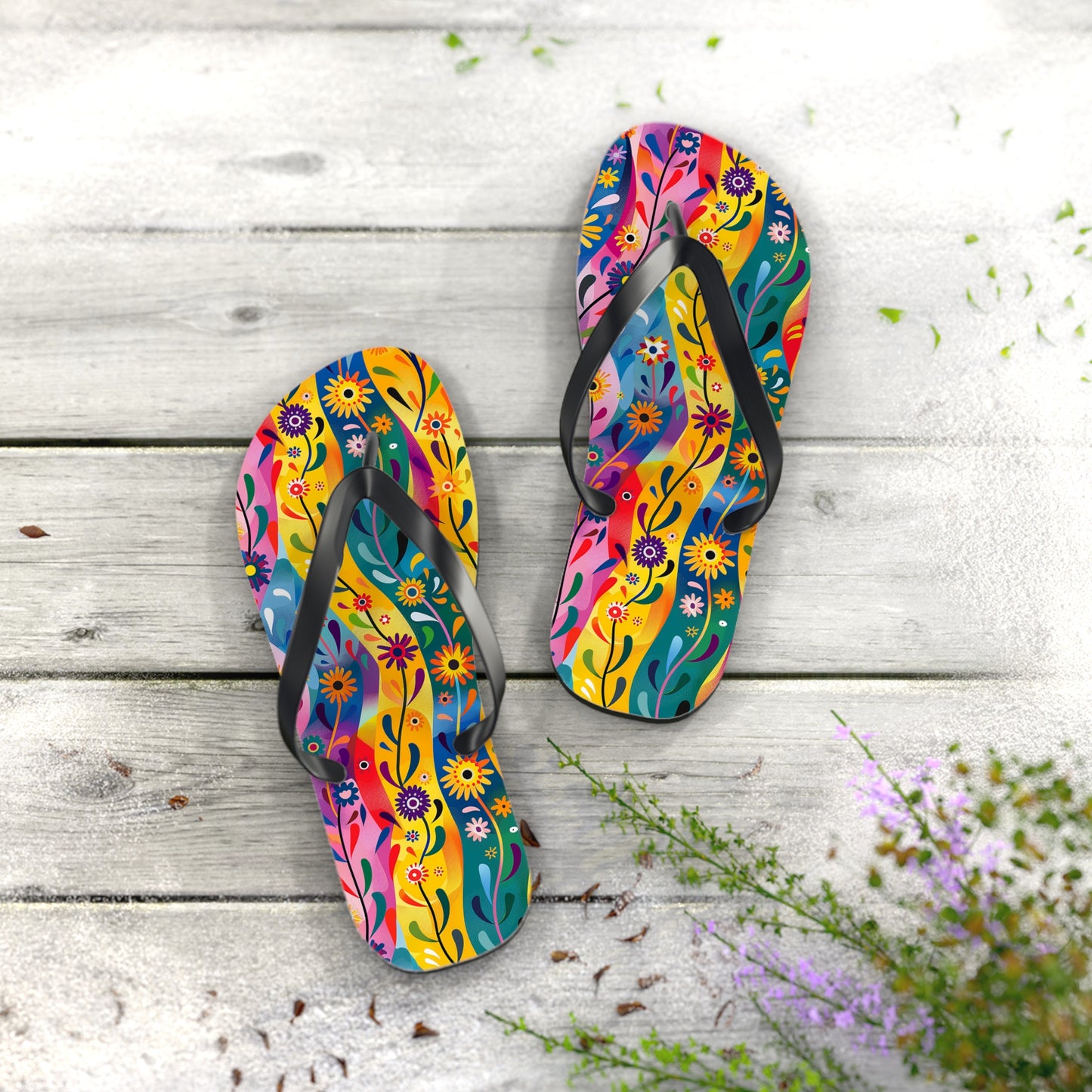 Floral Rhythms Flip Flops. 5/8" Thick Comfortable Summer or Winter Gym/Sauna Footwear for Men and Women.