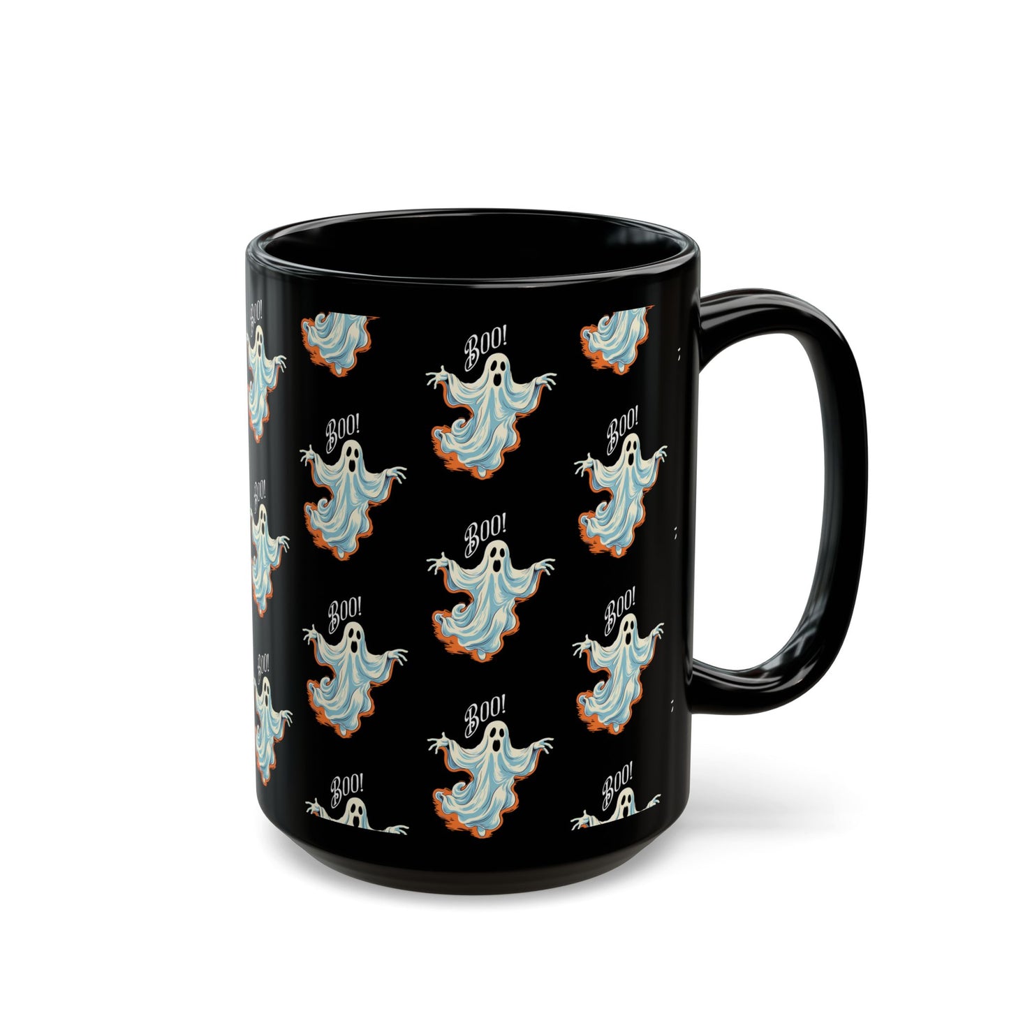 Boo! Chic Retro Ghost Halloween Black Mug - 11oz, 15oz - Sip in Spooky Style with a Retro Twist!