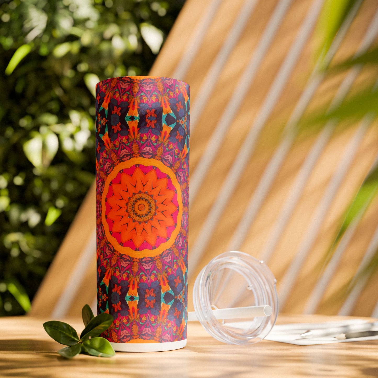 Fiery Mosaic Magic Skinny Tumbler with Straw - 20 oz. Insulated Stainless Steel - Fuel Your Day with a Fiery Burst of Color!