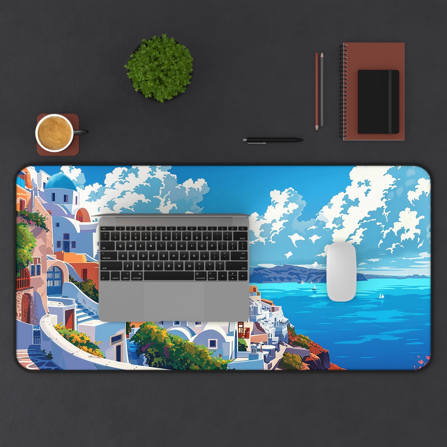 Santorini Serenity Desk Mat (Desk Pad) - Bring Mediterranean Bliss to Your Desk! Available in 3 sizes.