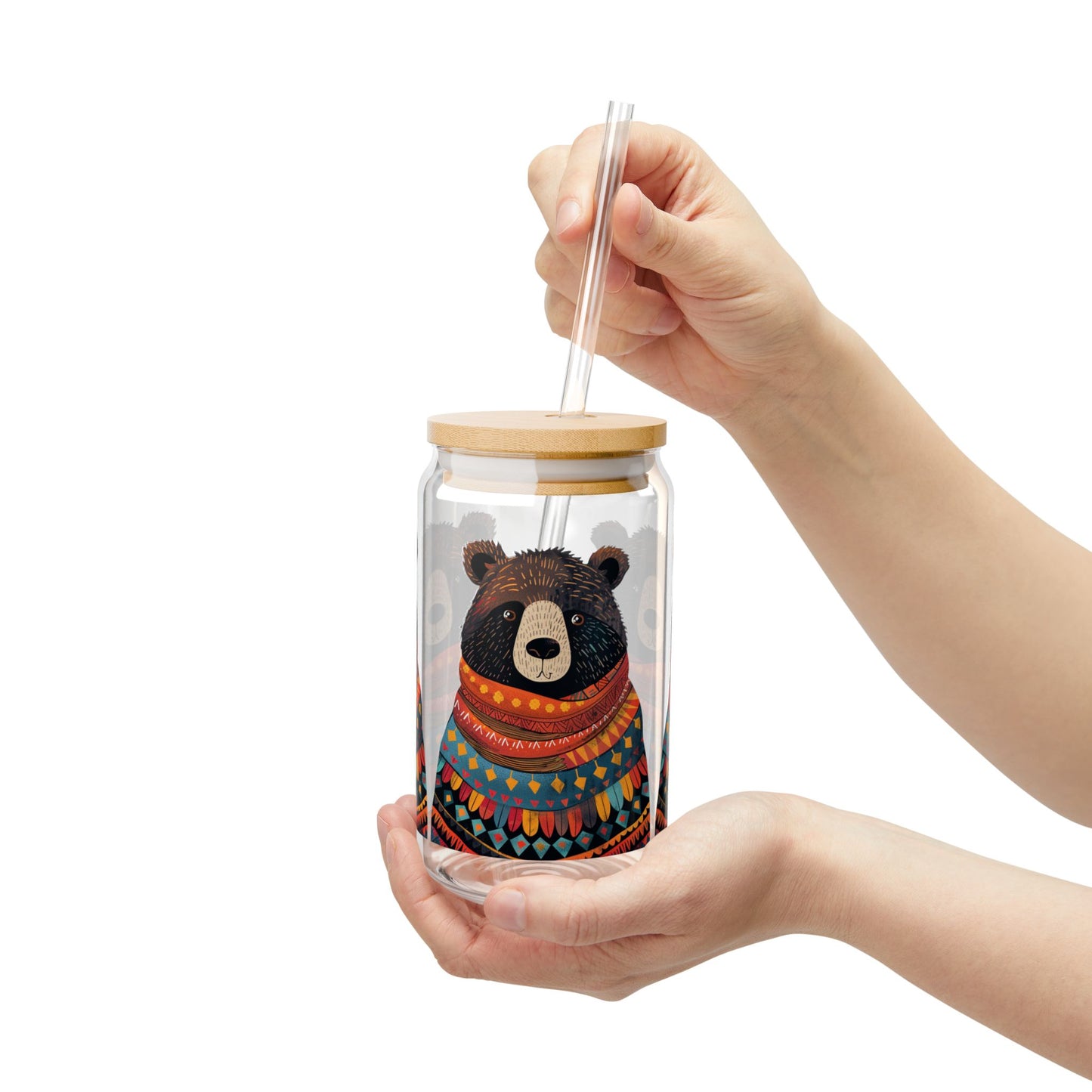 Uncle Bear Sipper Glass Tumbler - 16 oz - Wrap Yourself in Warmth with Uncle Bear's Cozy Charm! - From our Bear Family Collection.