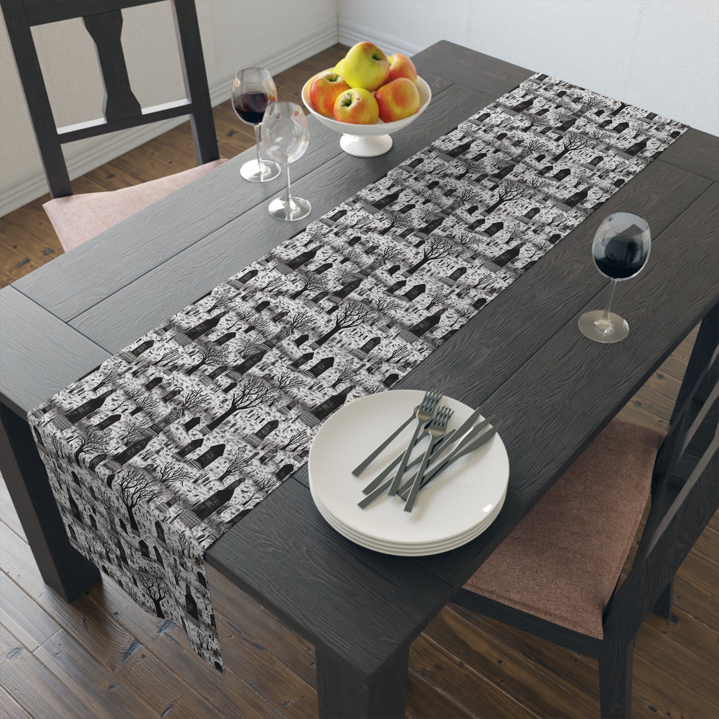 Spooky Gothic Cemetery Chic Table Runner - Where Elegance Meets Halloween's Eerie Charm! Available in 2 Sizes.