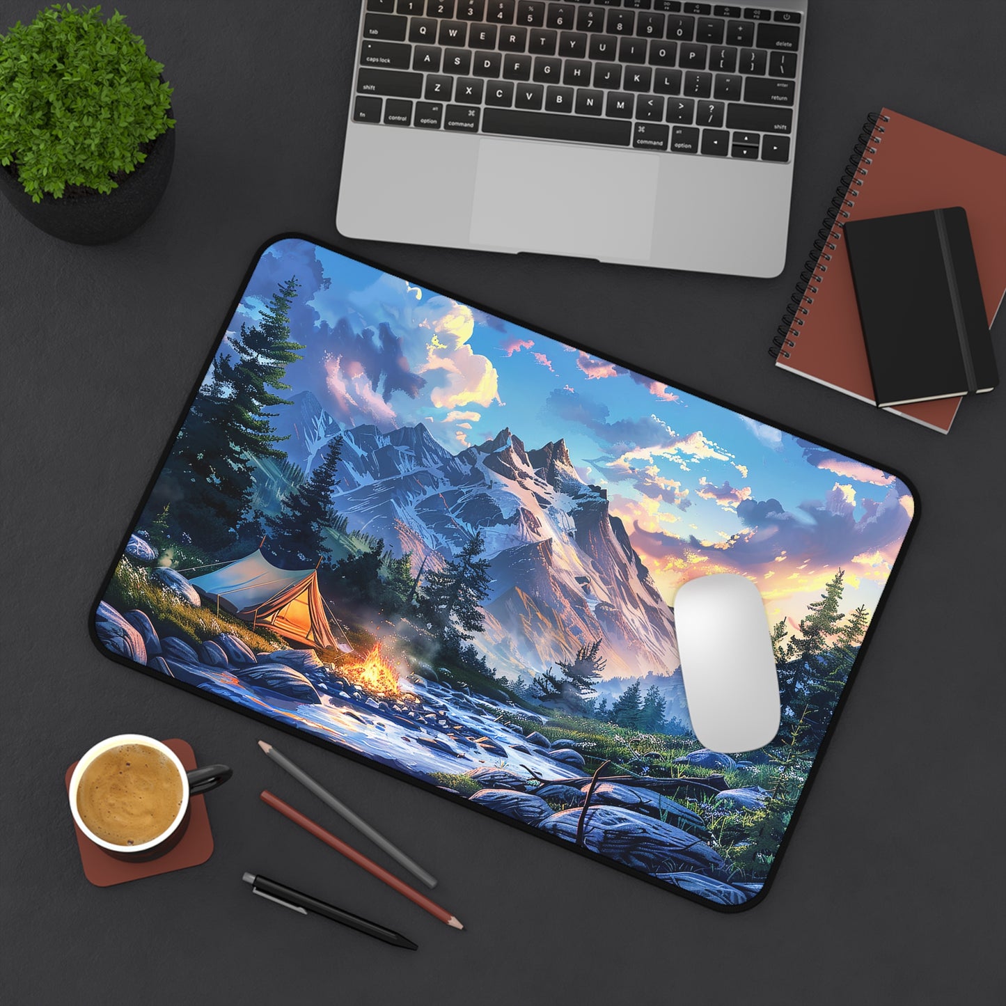 Mountain Creekside Campfire Desk Mat (Desk Pad) - Escape to the Mountains with Every Task! Available in 3 sizes.